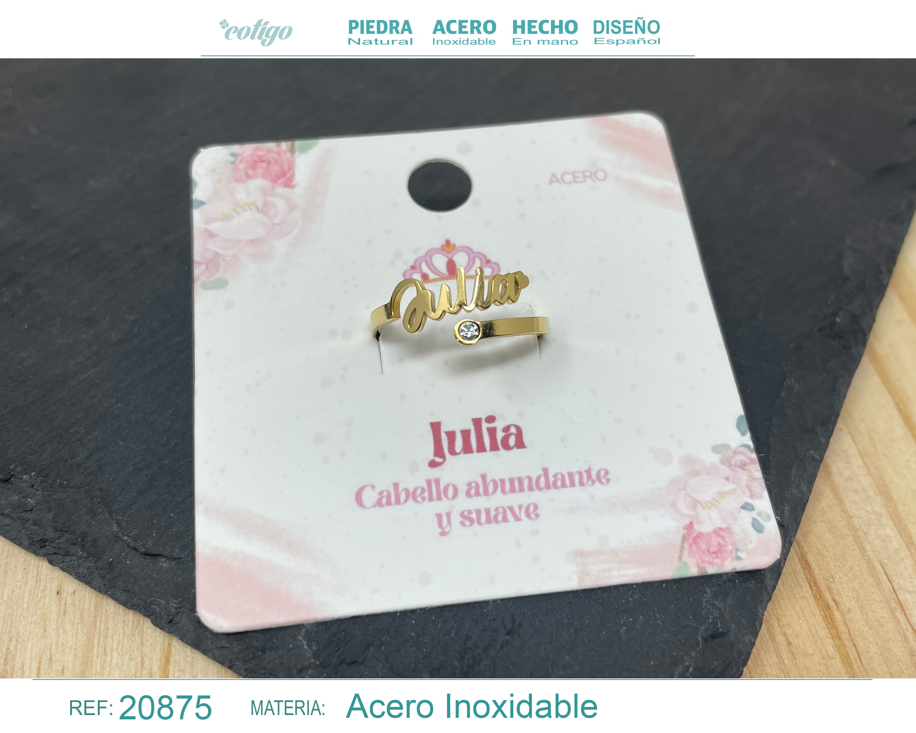 ANILLO NOMBRE JULIA  ACERO COLOR DORADO