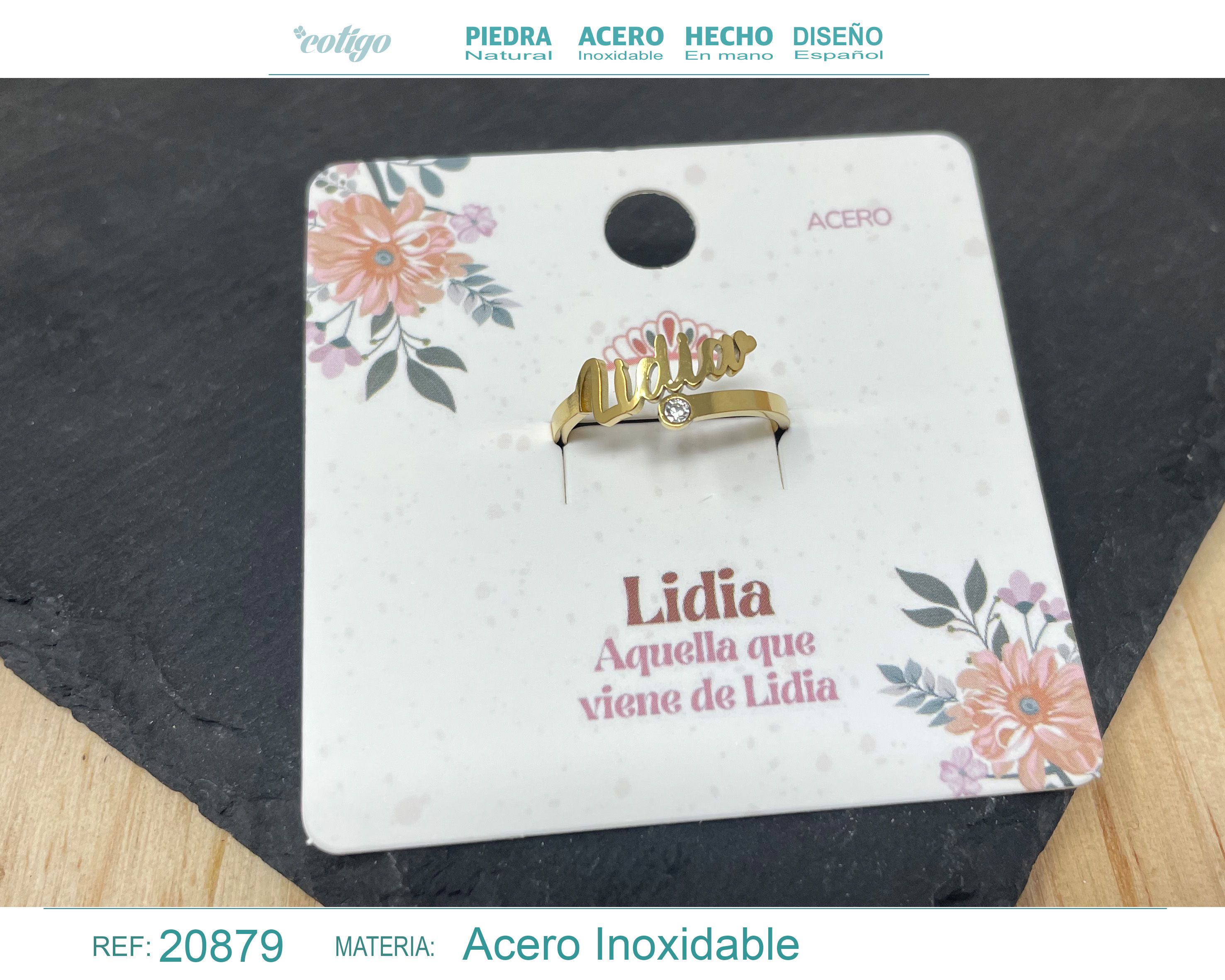 ANILLO NOMBRE LIDIA ACERO COLOR DORADO