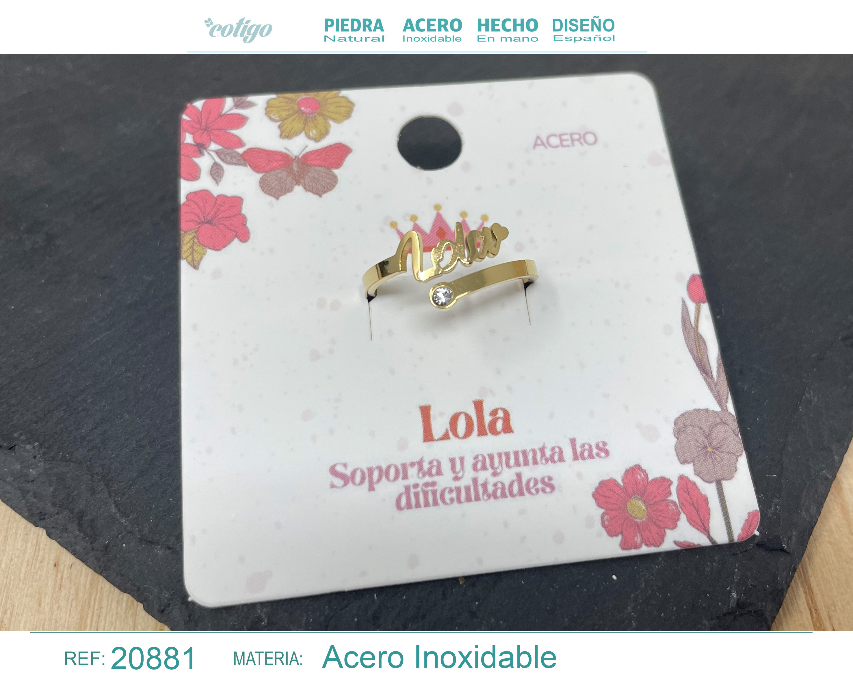 ANILLO NOMBRE LOLA ACERO COLOR DORADO