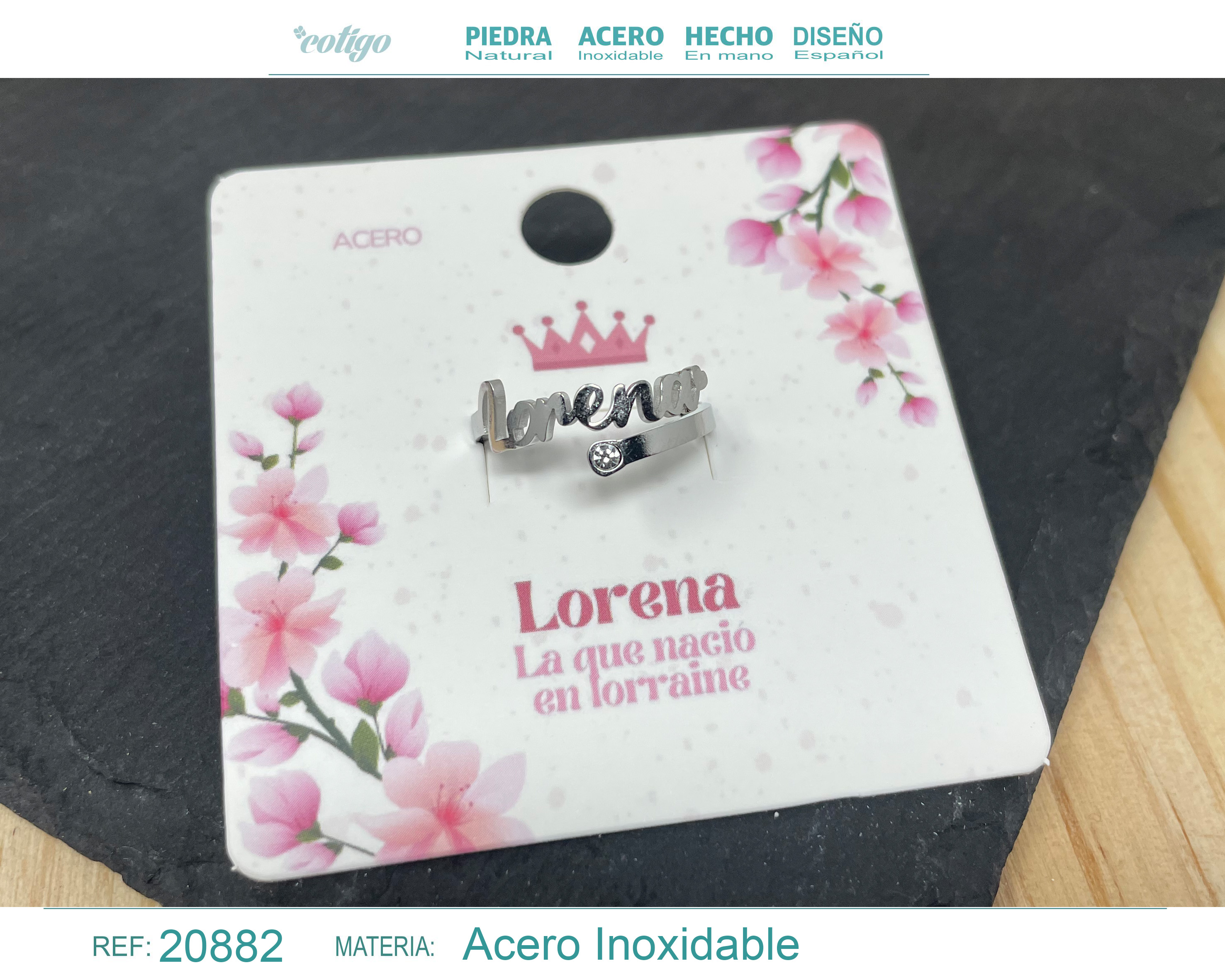 ANILLO NOMBRE LORENA ACERO COLOR PLATEADO