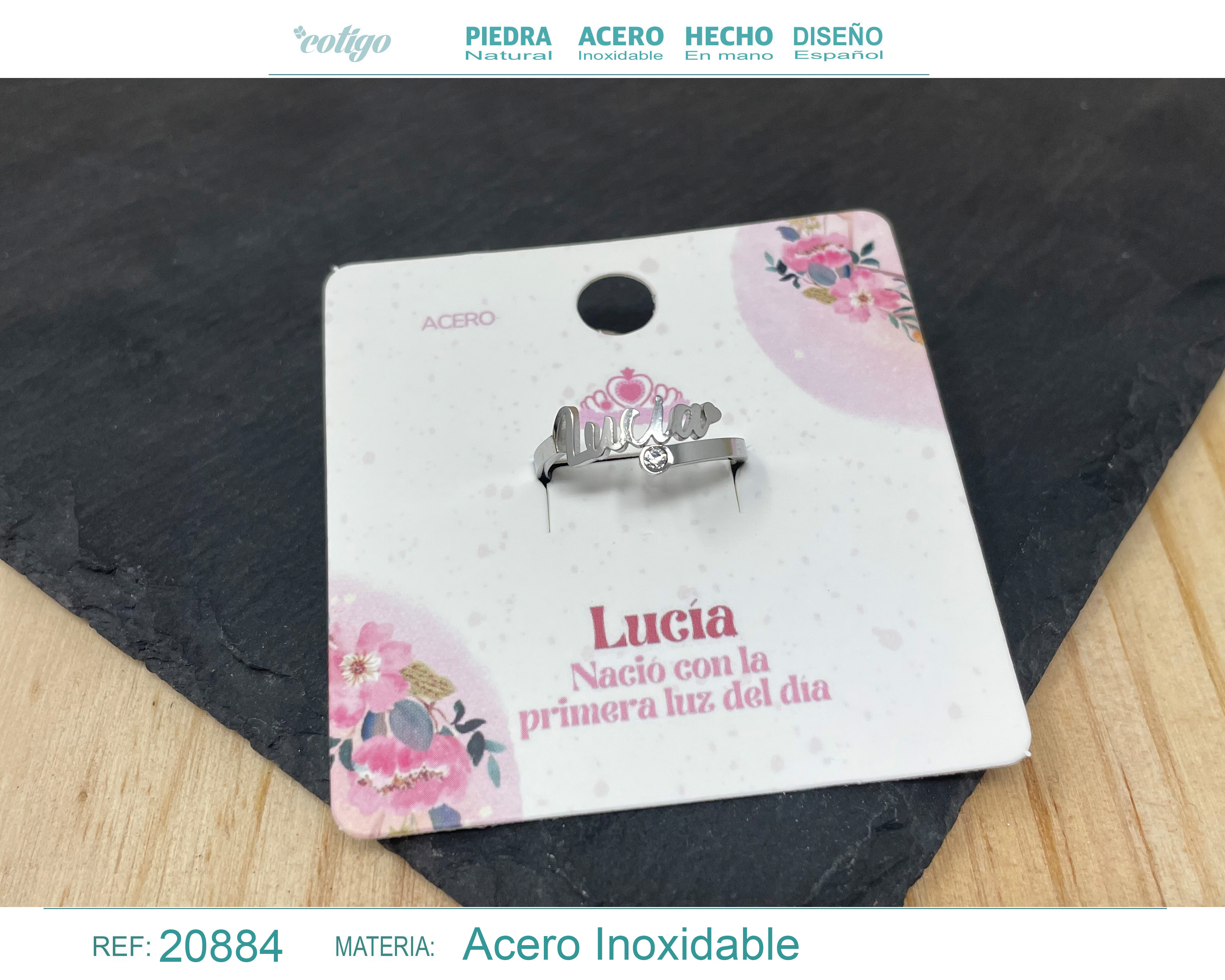 ANILLO NOMBRE LUCÍA ACERO COLOR PLATEADO