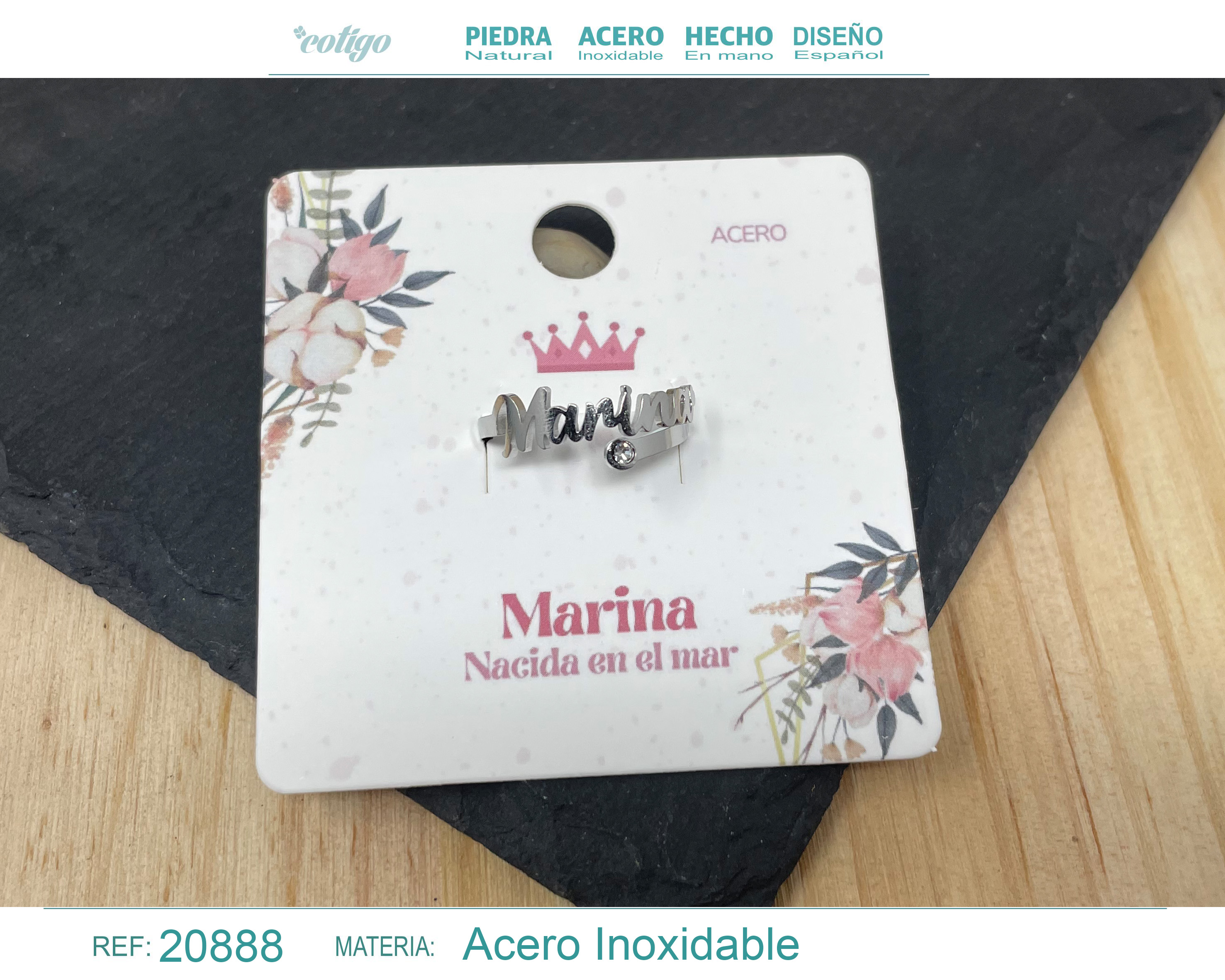 ANILLO NOMBRE MARINA ACERO COLOR PLATEADO