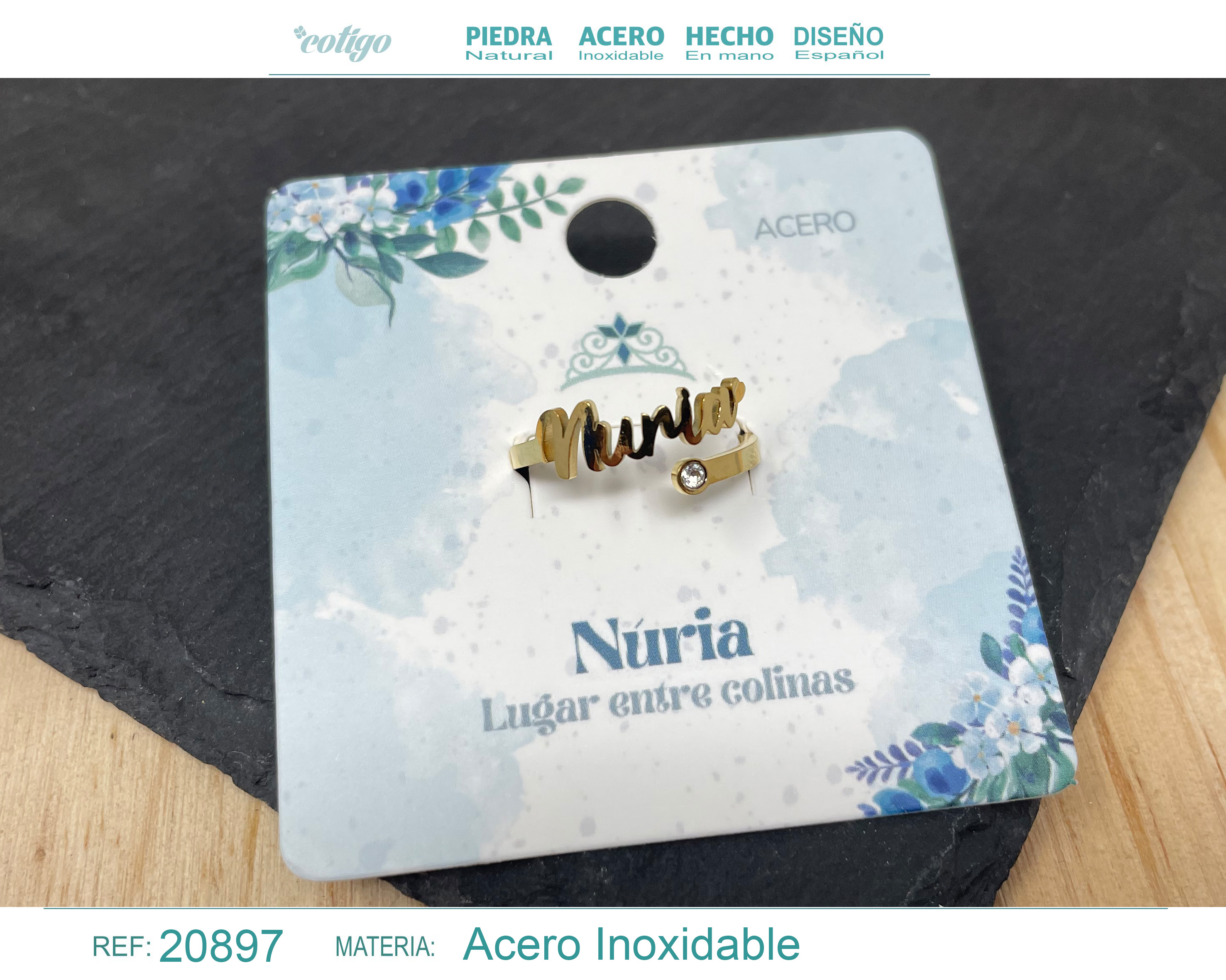 ANILLO NOMBRE NÚRIA ACERO COLOR DORADO