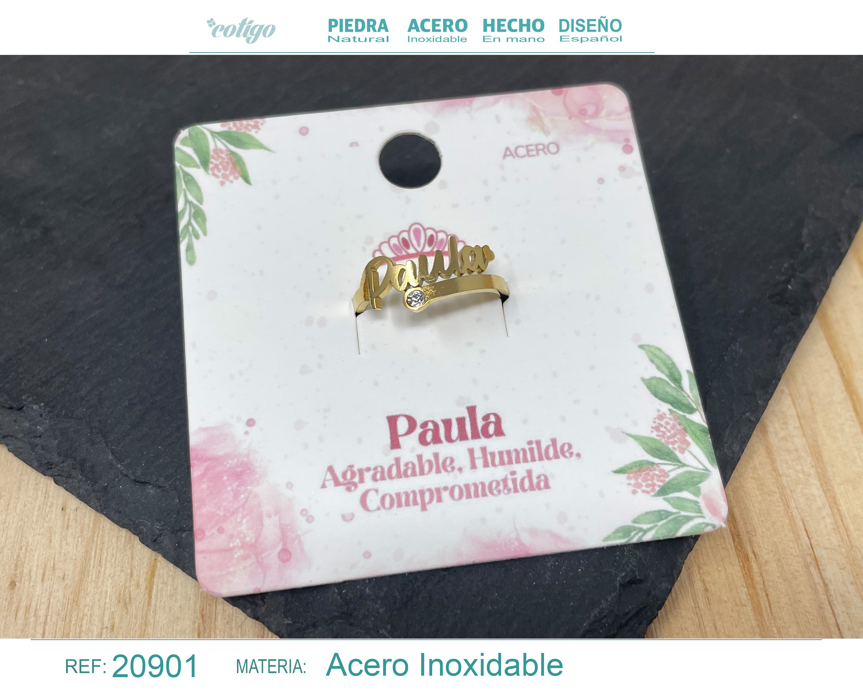 ANILLO NOMBRE PAULA ACERO COLOR DORADO
