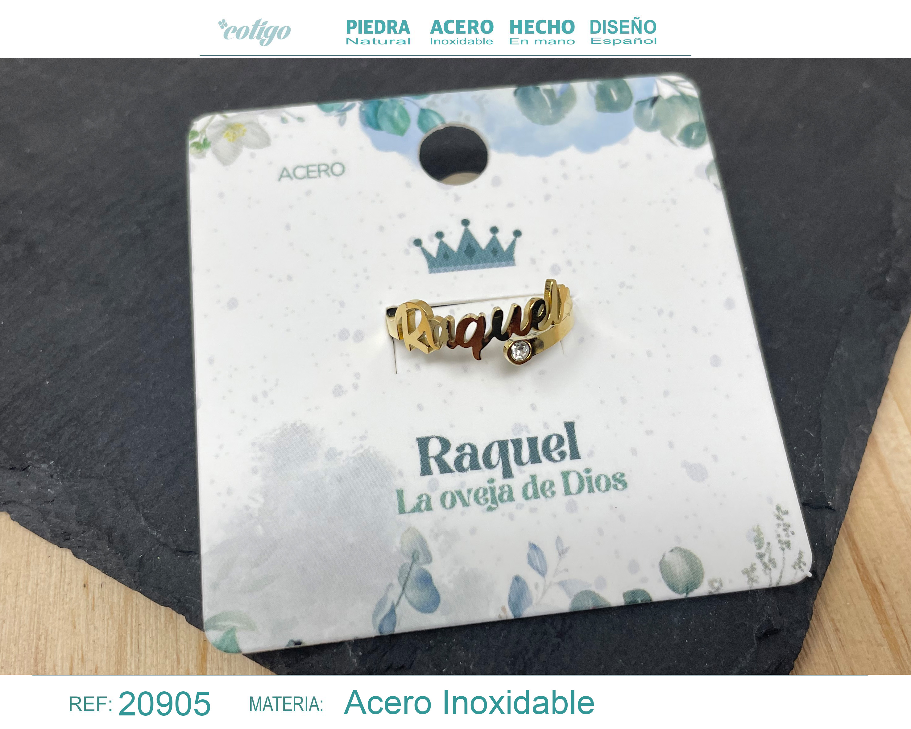 ANILLO NOMBRE RAQUEL ACERO COLOR DORADO