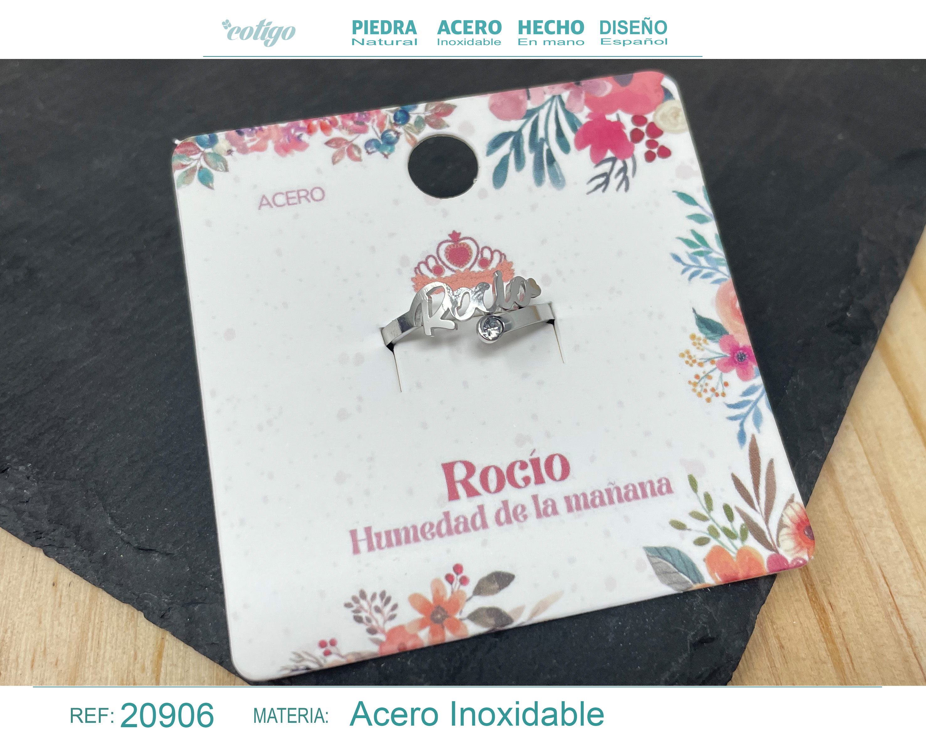 ANILLO NOMBRE ROCÍO ACERO COLOR PLATEADO
