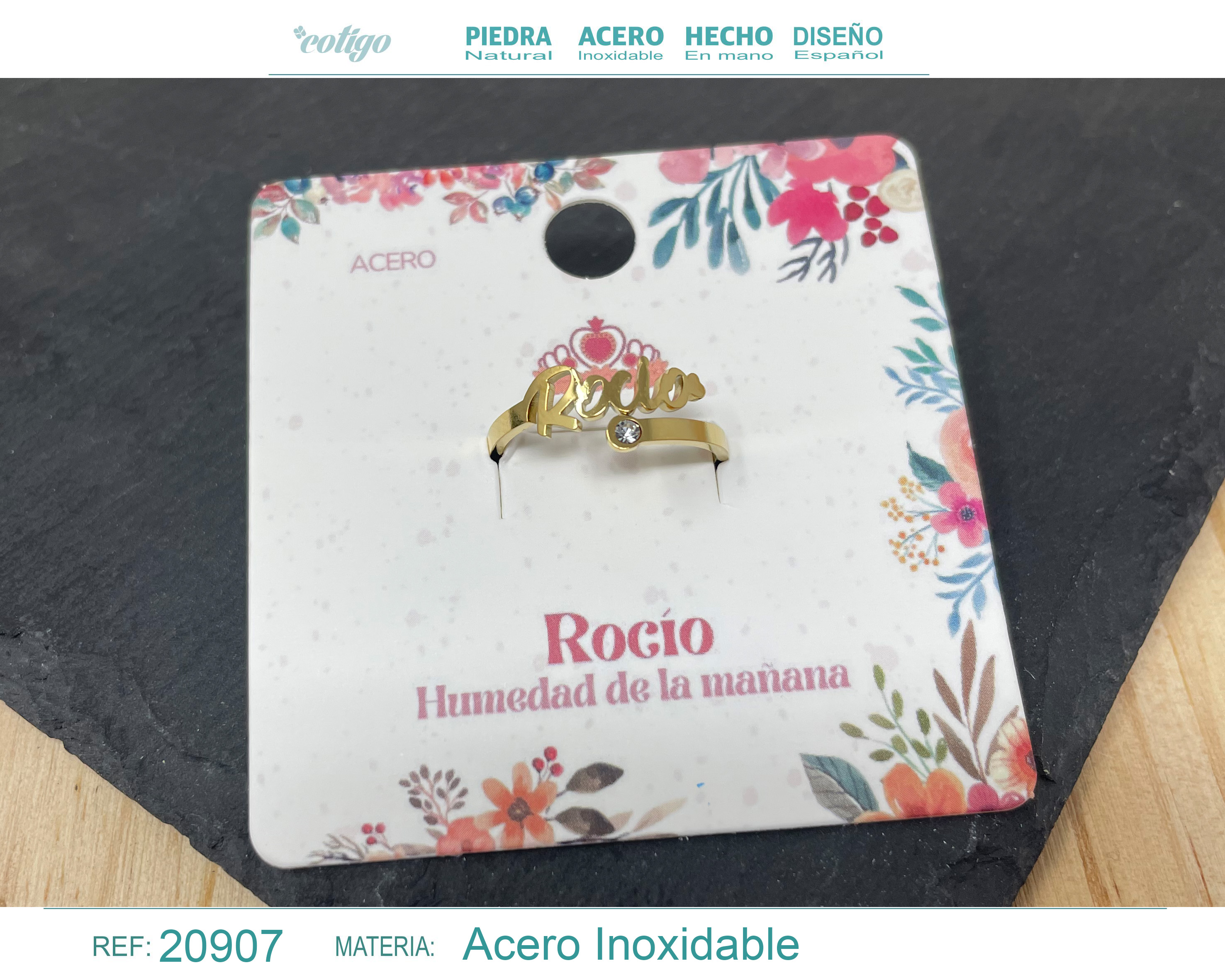 ANILLO NOMBRE ROCÍO ACERO COLOR DORADO