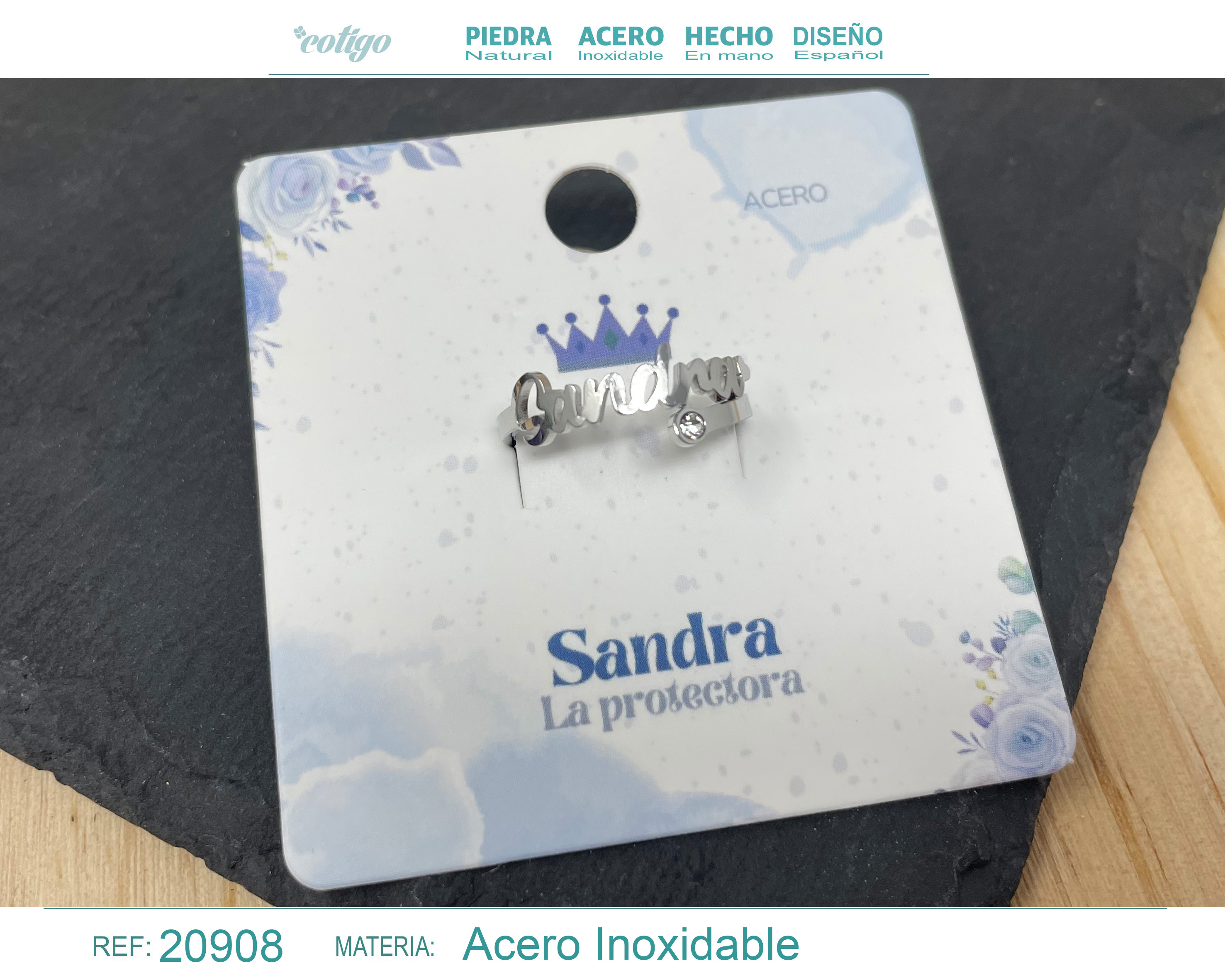 ANILLO NOMBRE SANDRA ACERO COLOR PLATEADO