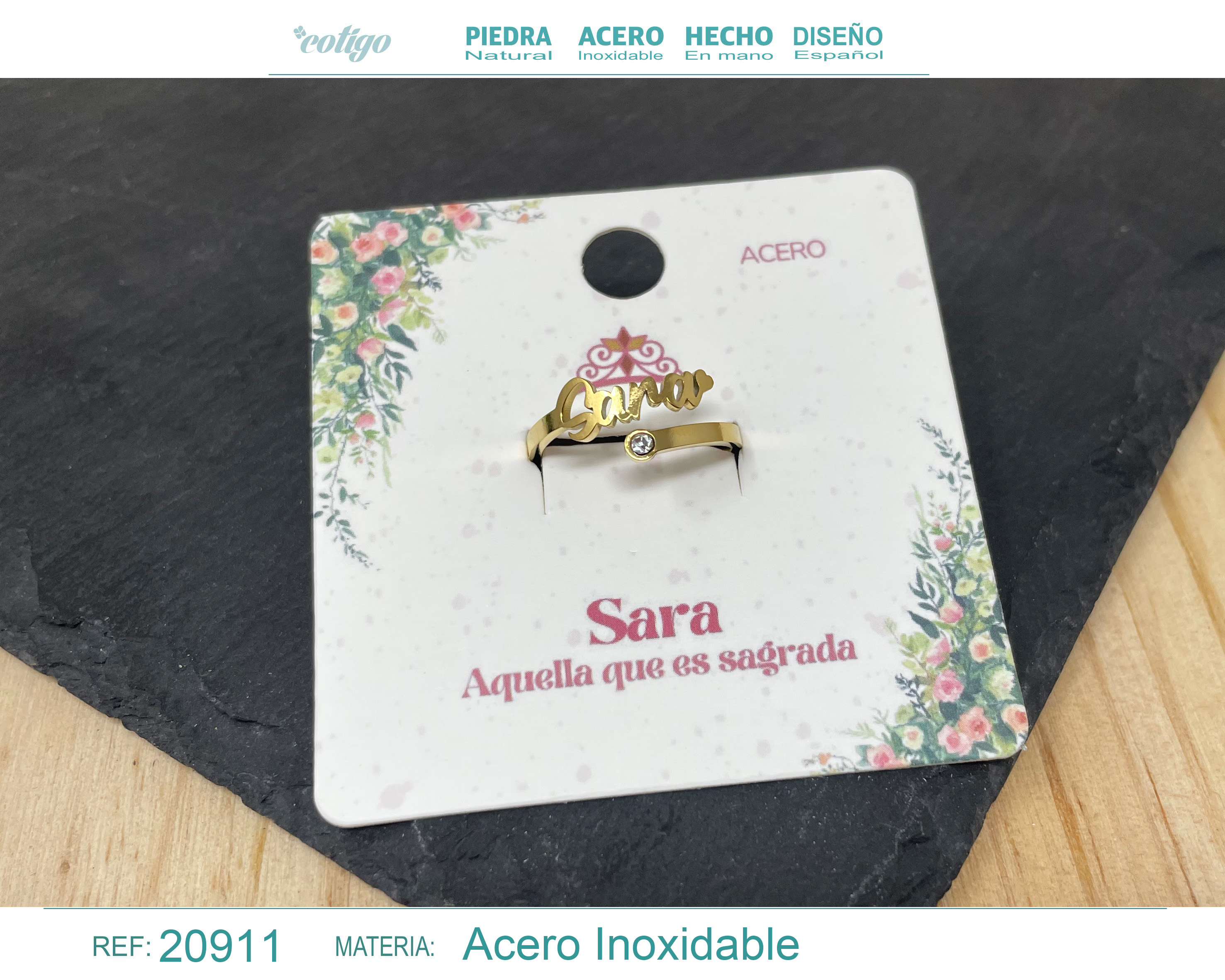 ANILLO NOMBRE SARA ACERO COLOR DORADO