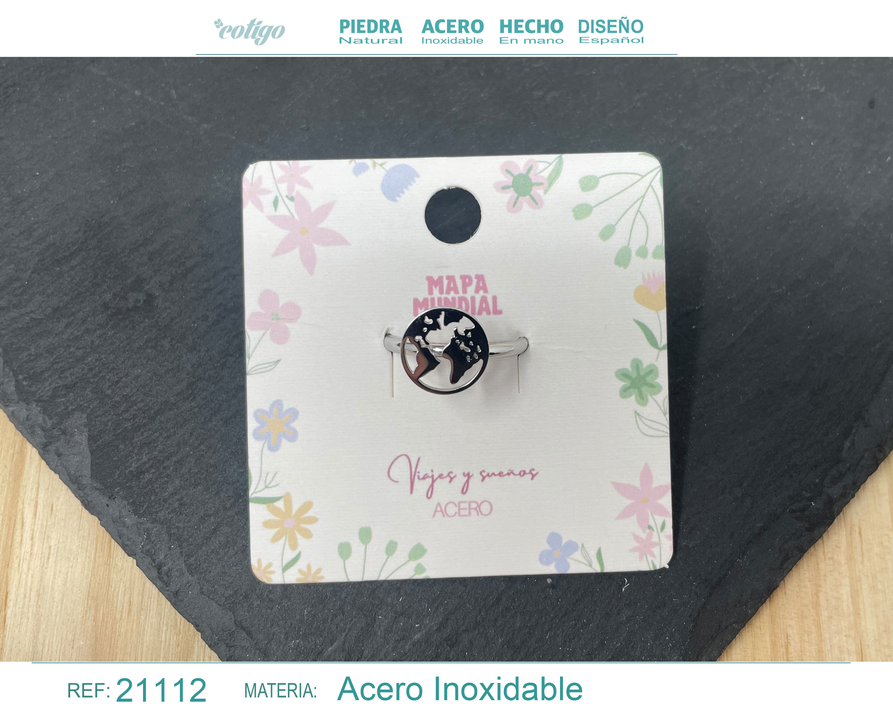 ANILLO MAPA MUNDIAL ACERO COLOR PLATEADO