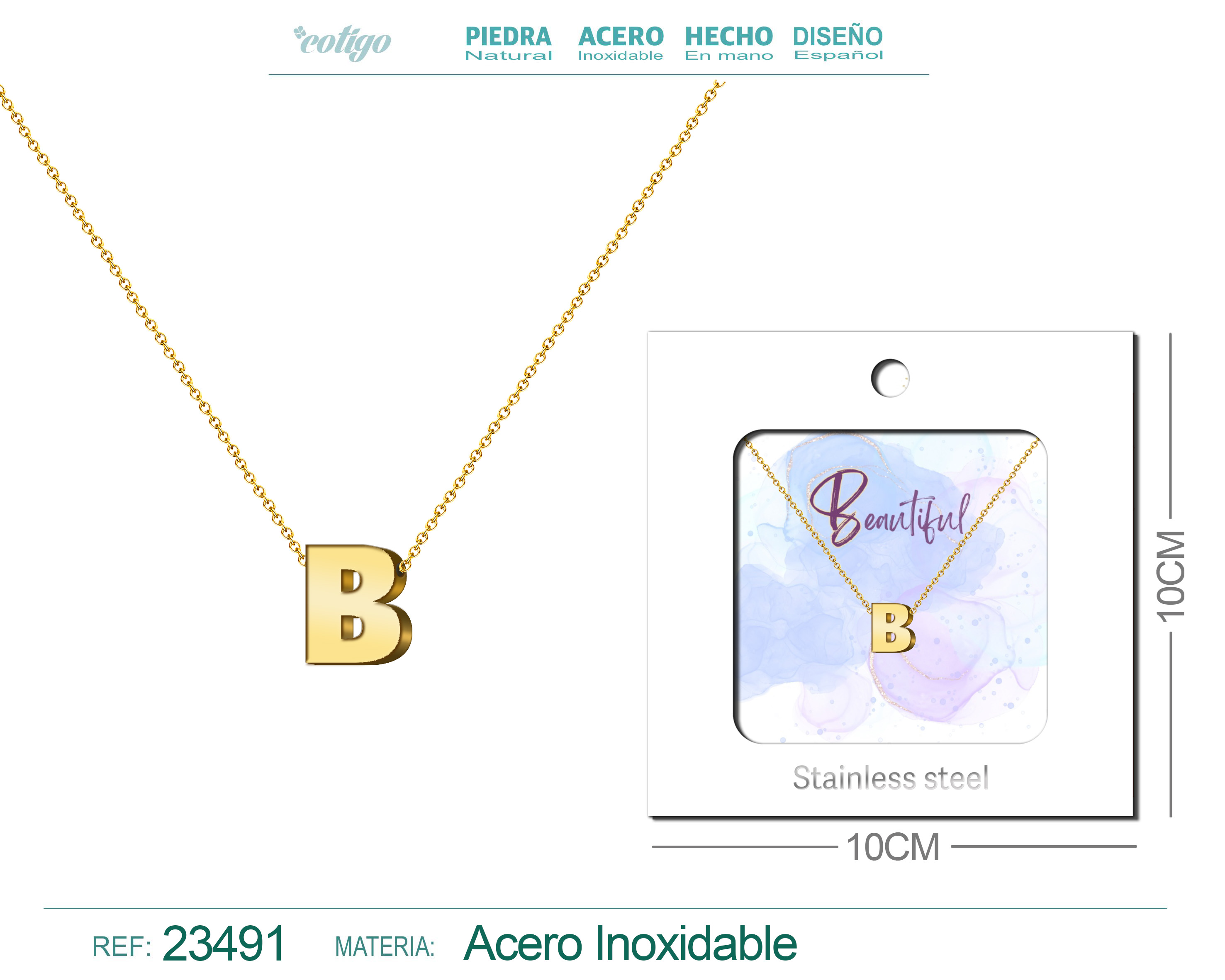 COLLAR LETRA INGLES B ACERO CON SOBRE