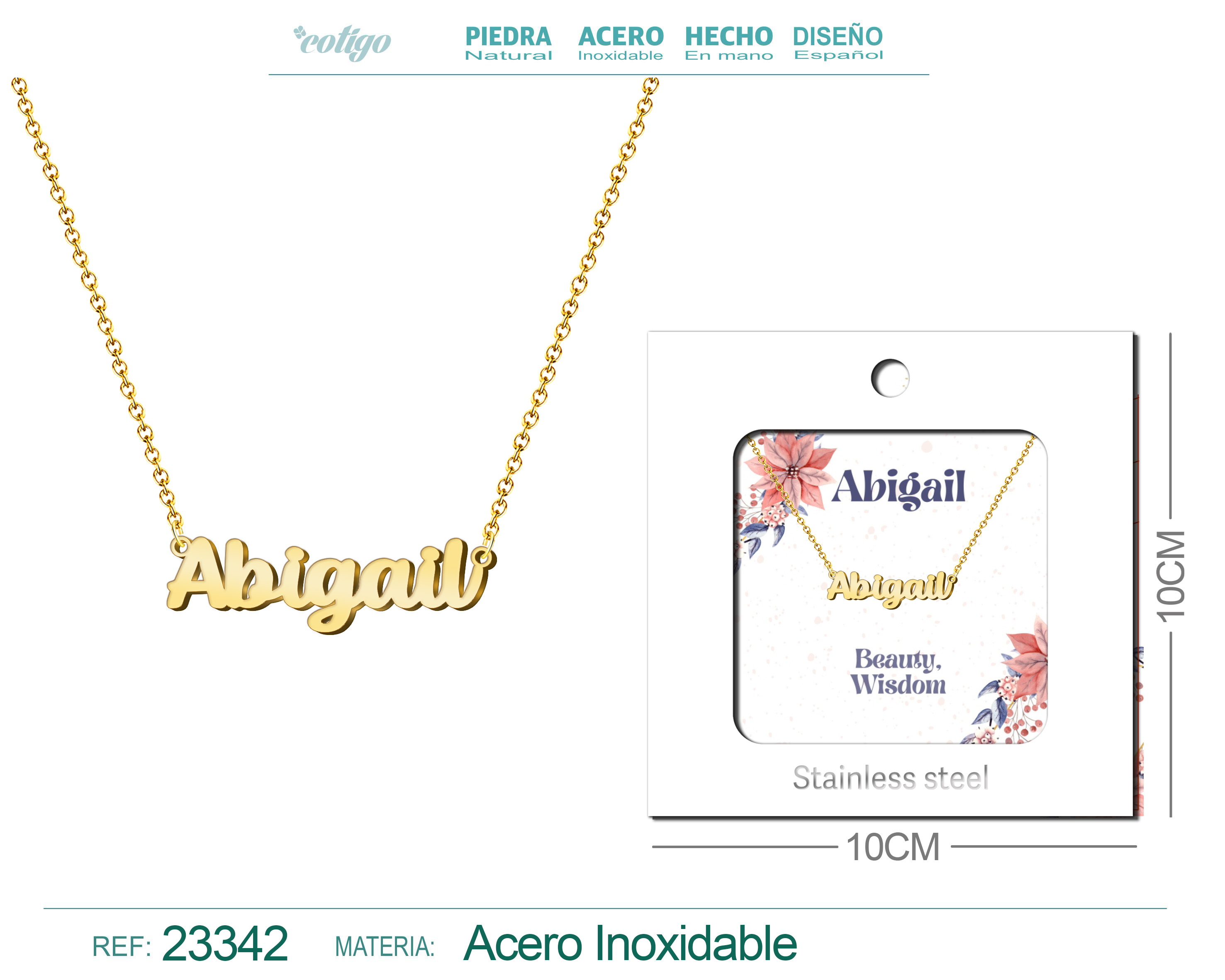 COLLAR NOMBRE INGLES ABIGAIL ACERO CON SOBRE