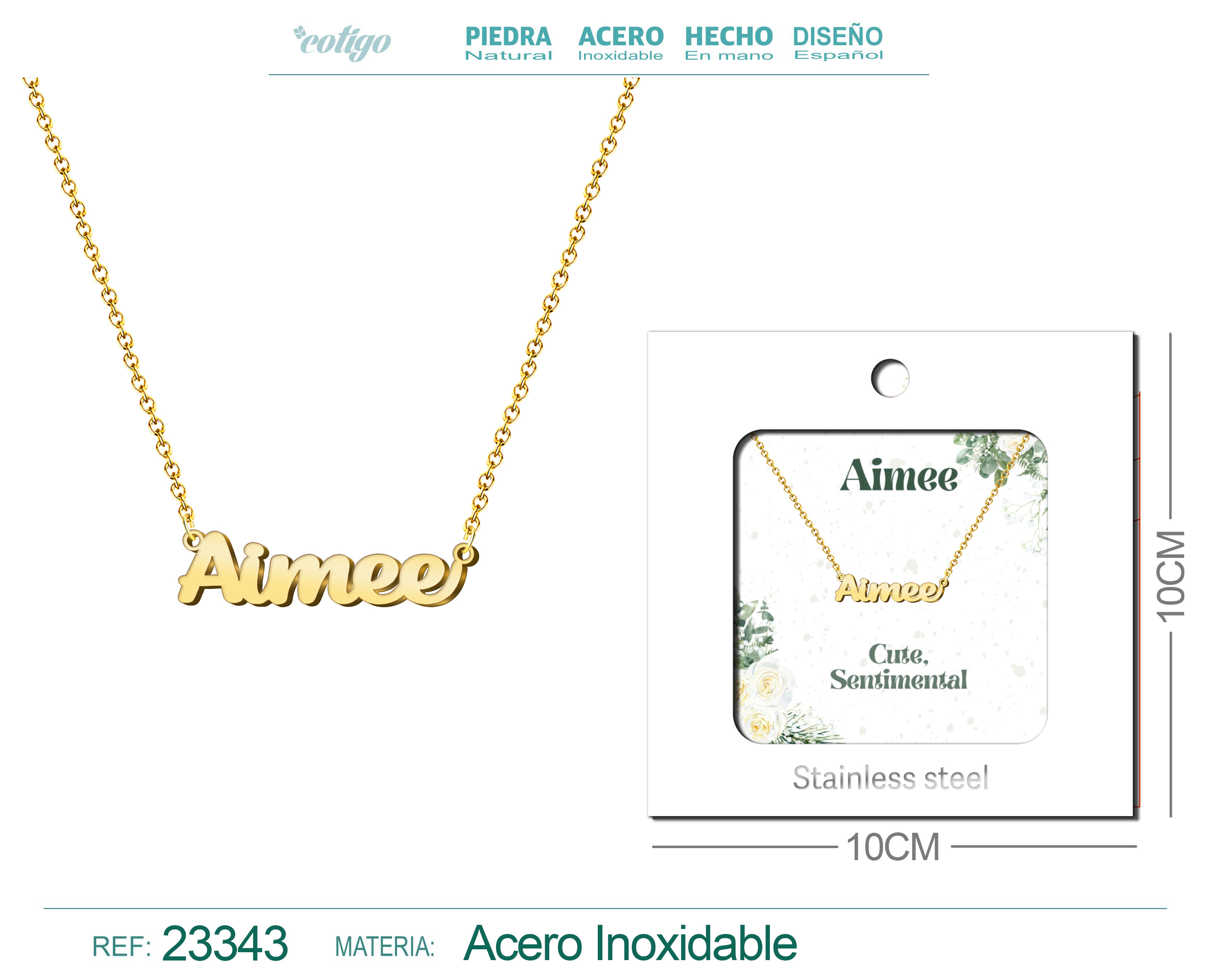 COLLAR NOMBRE INGLES AIMEE ACERO CON SOBRE