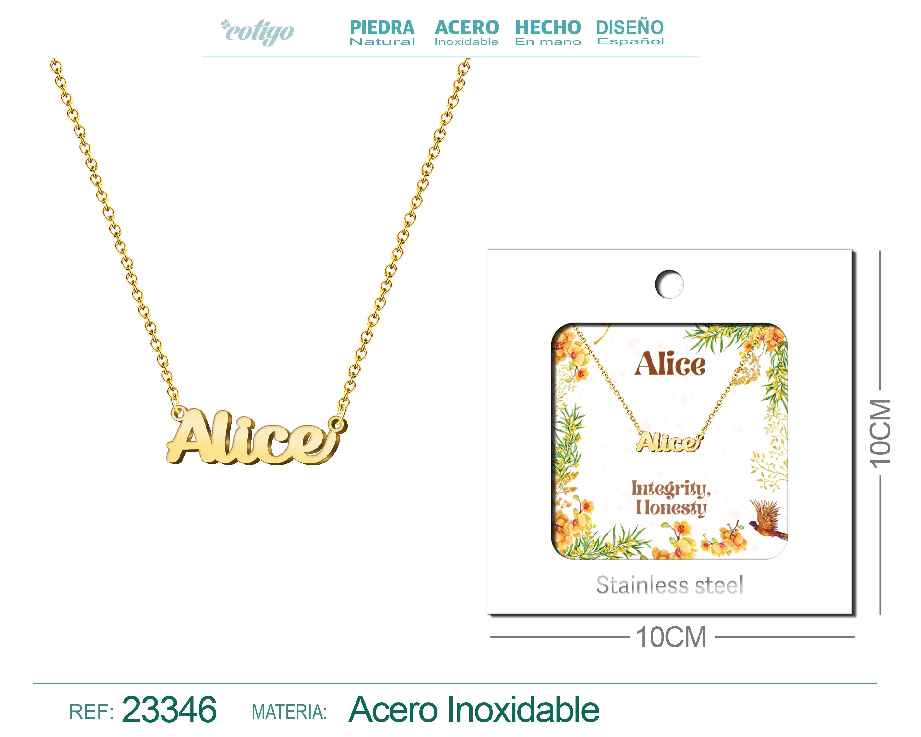 COLLAR NOMBRE INGLES ALICE ACERO CON SOBRE