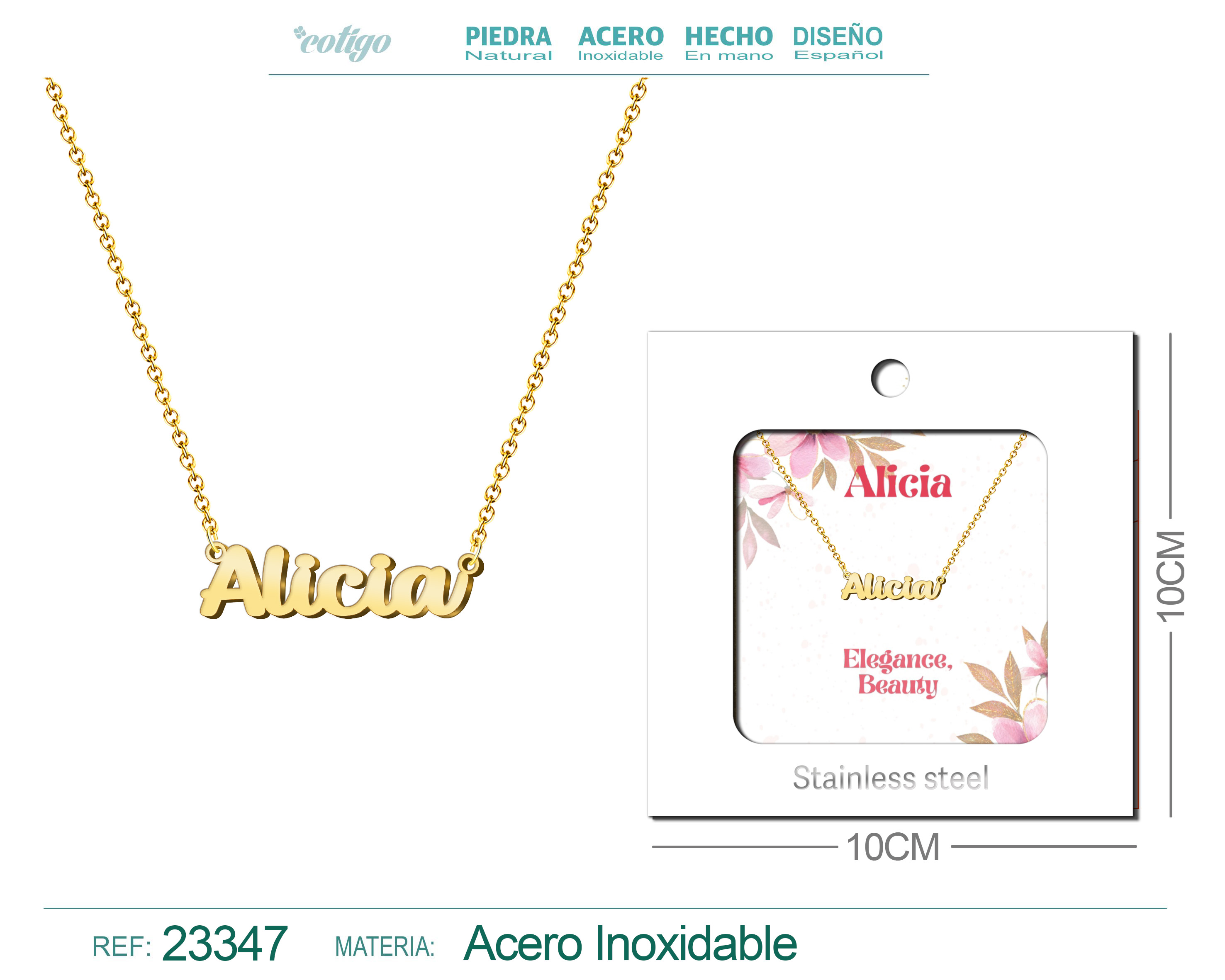 COLLAR NOMBRE INGLES ALICIA ACERO CON SOBRE