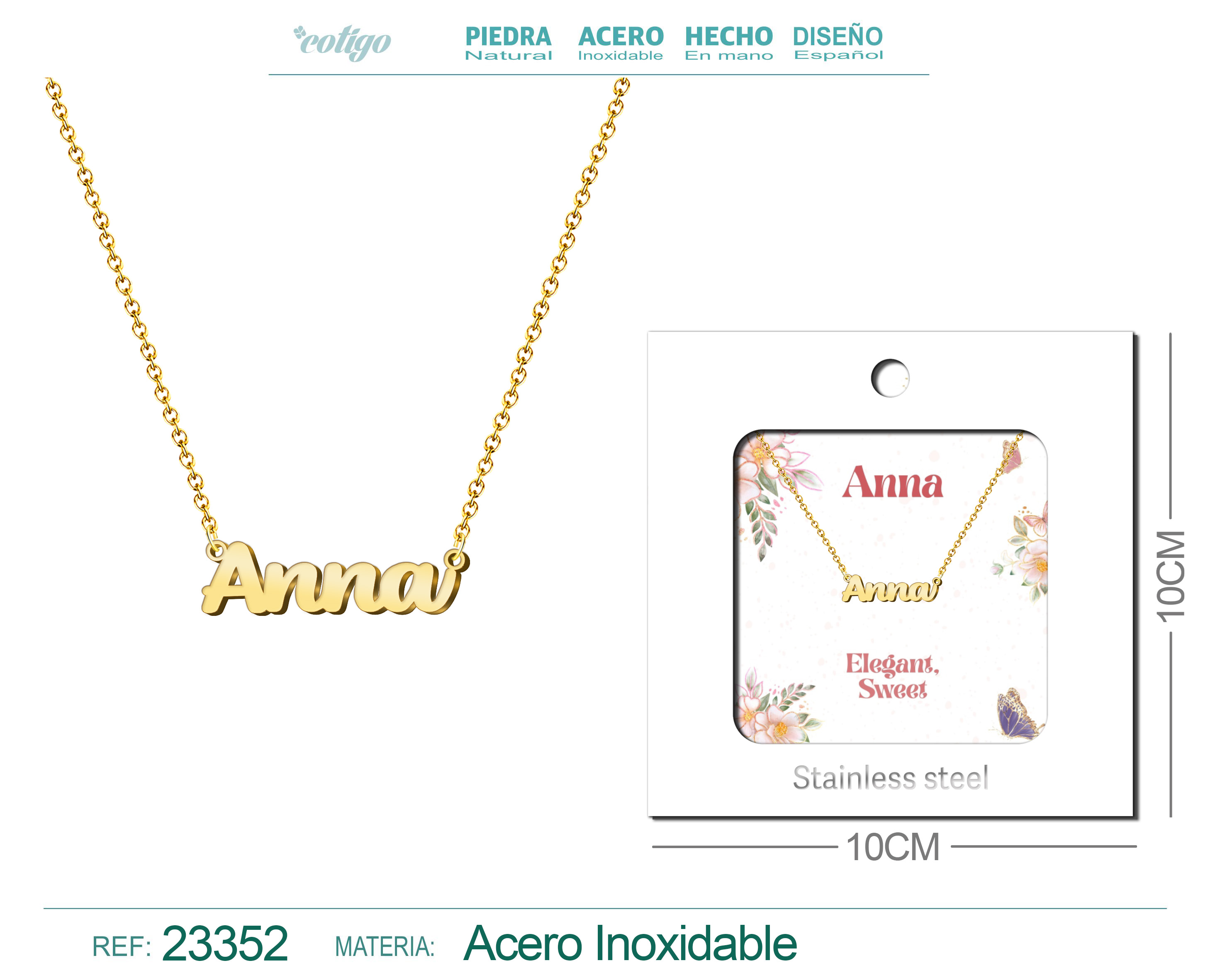 COLLAR NOMBRE INGLES ANNA ACERO CON SOBRE