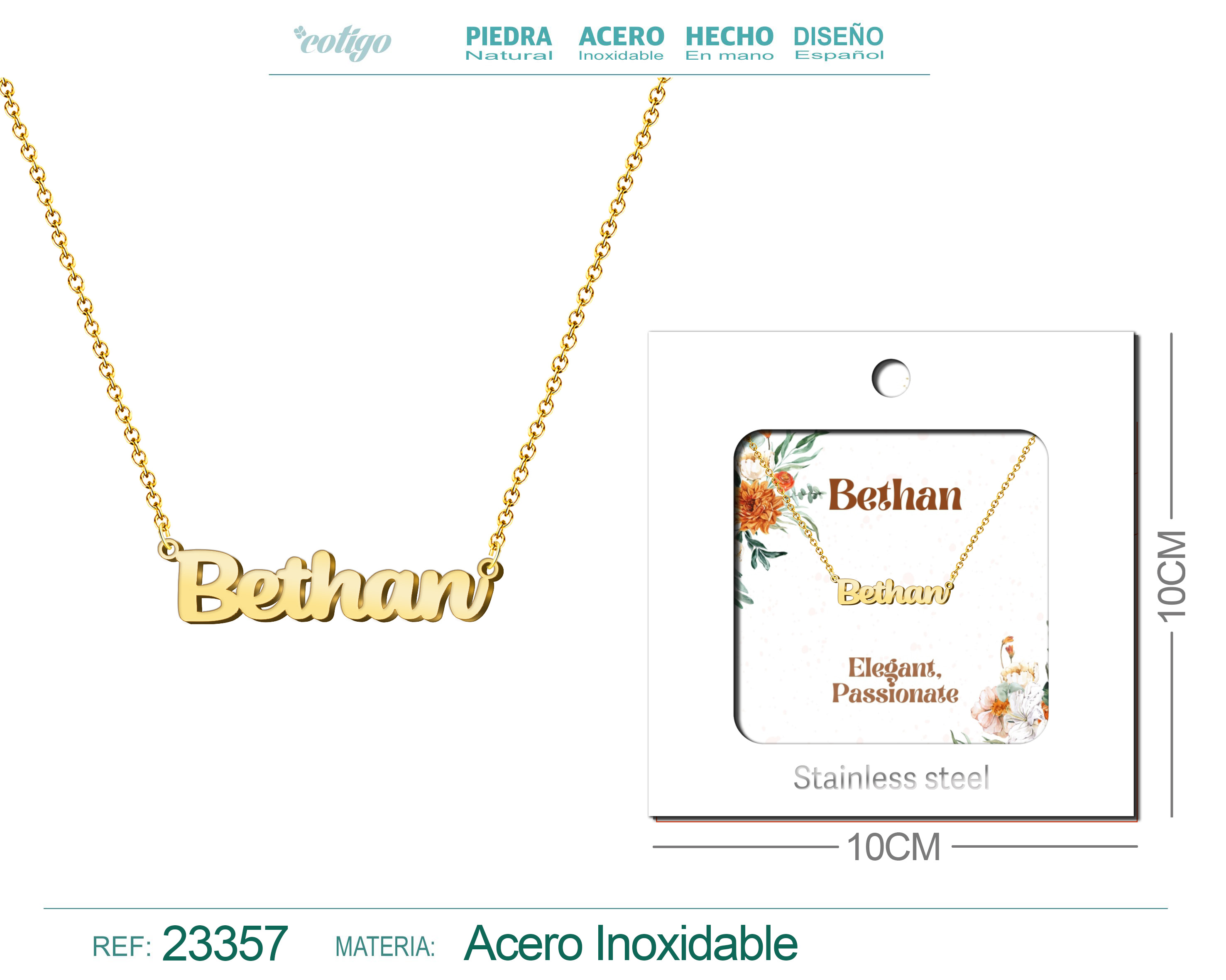 COLLAR NOMBRE INGLES BETHAN ACERO CON SOBRE
