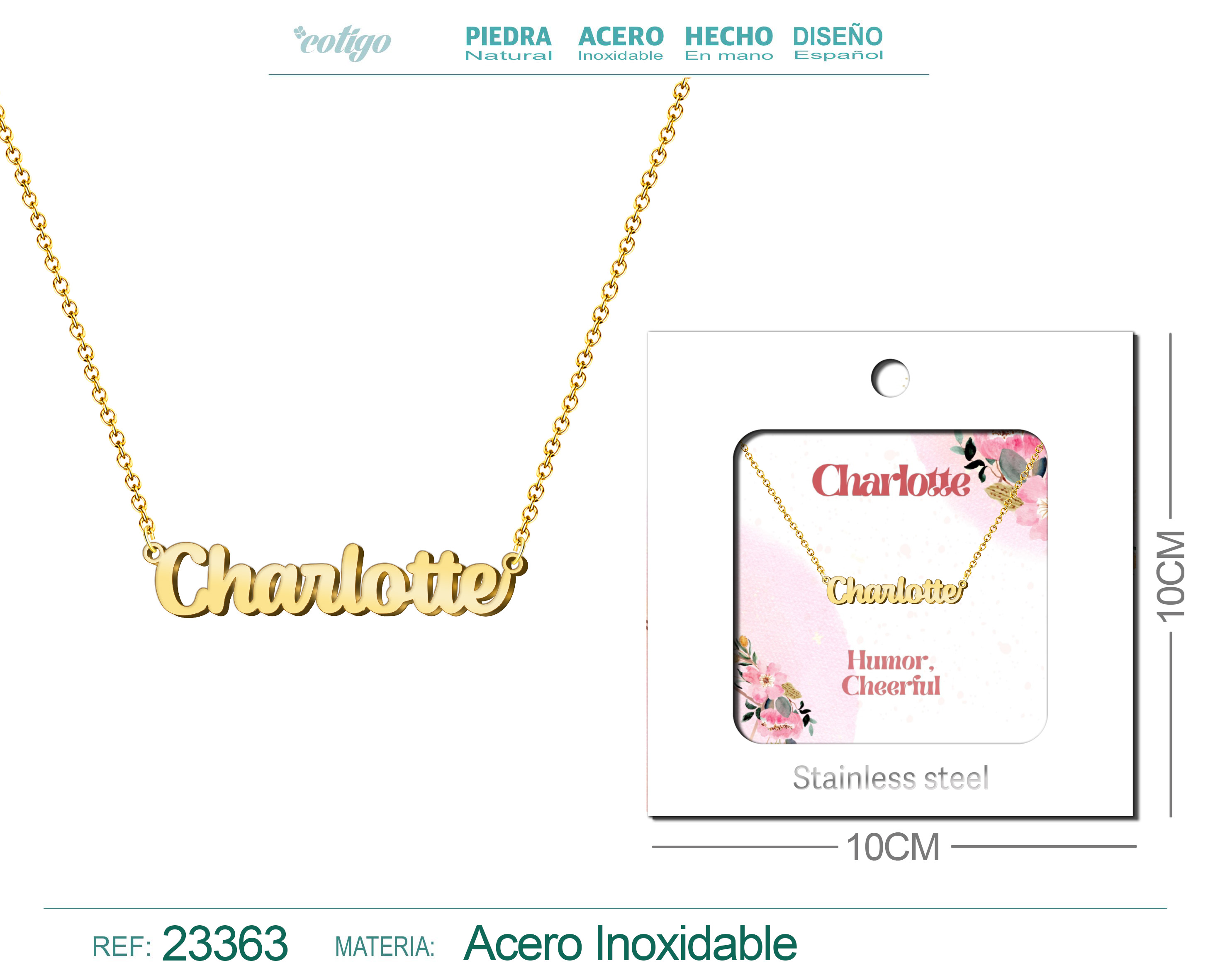 COLLAR NOMBRE INGLES CHARLOTTE ACERO CON SOBRE
