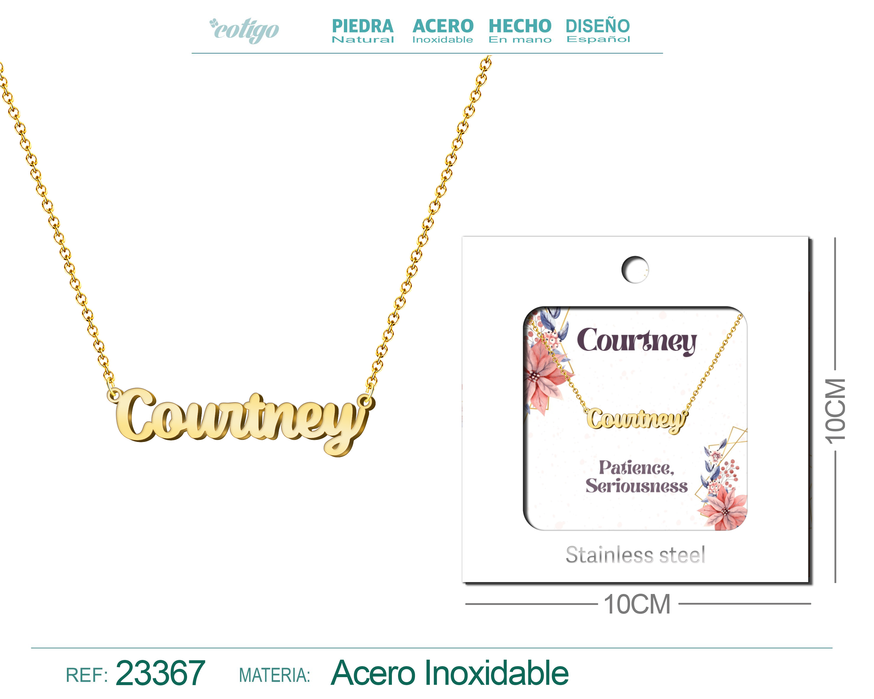 COLLAR NOMBRE INGLES COURTNEY ACERO CON SOBRE