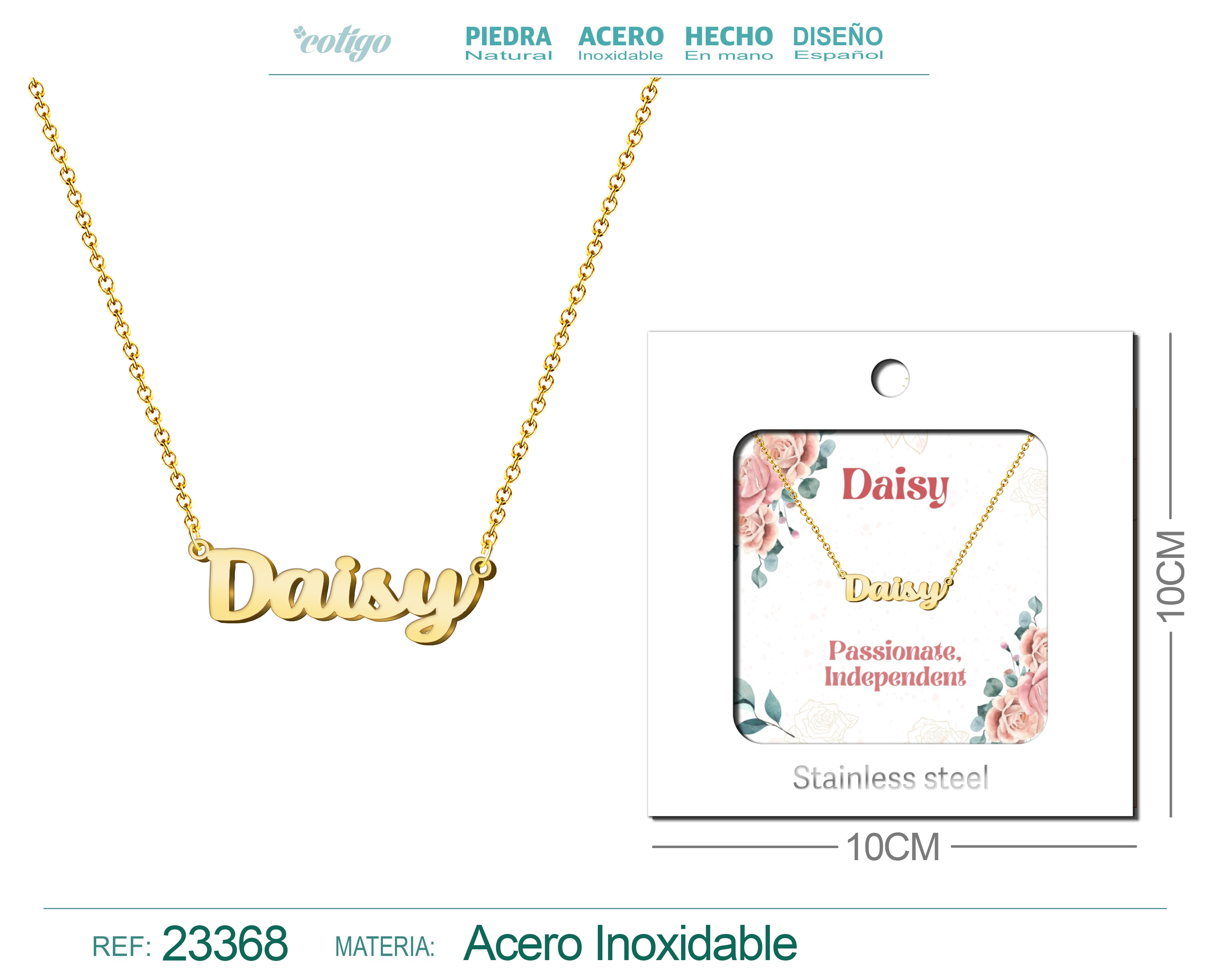 COLLAR NOMBRE INGLES DAISY ACERO CON SOBRE