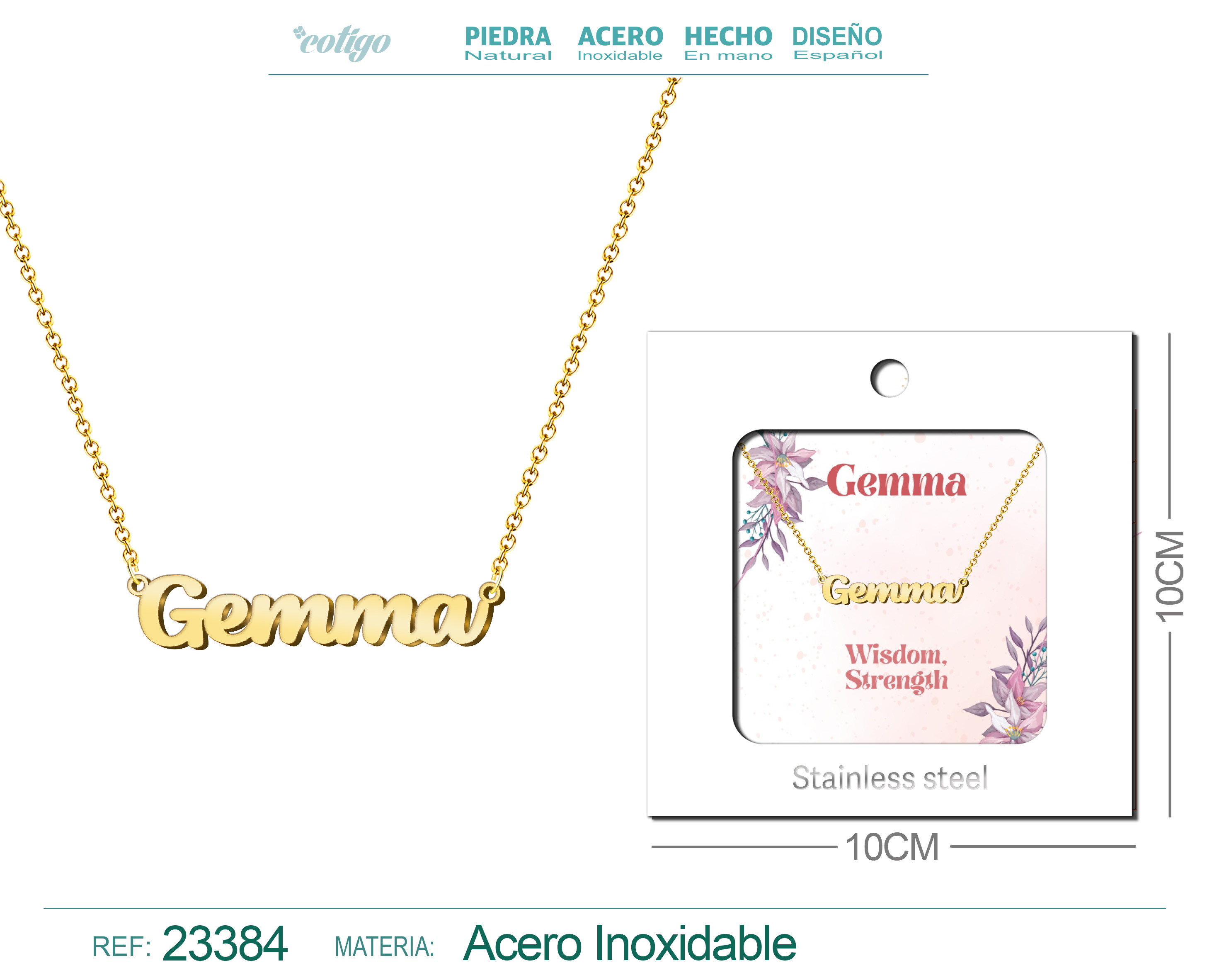 COLLAR NOMBRE INGLES GEMMA ACERO CON SOBRE
