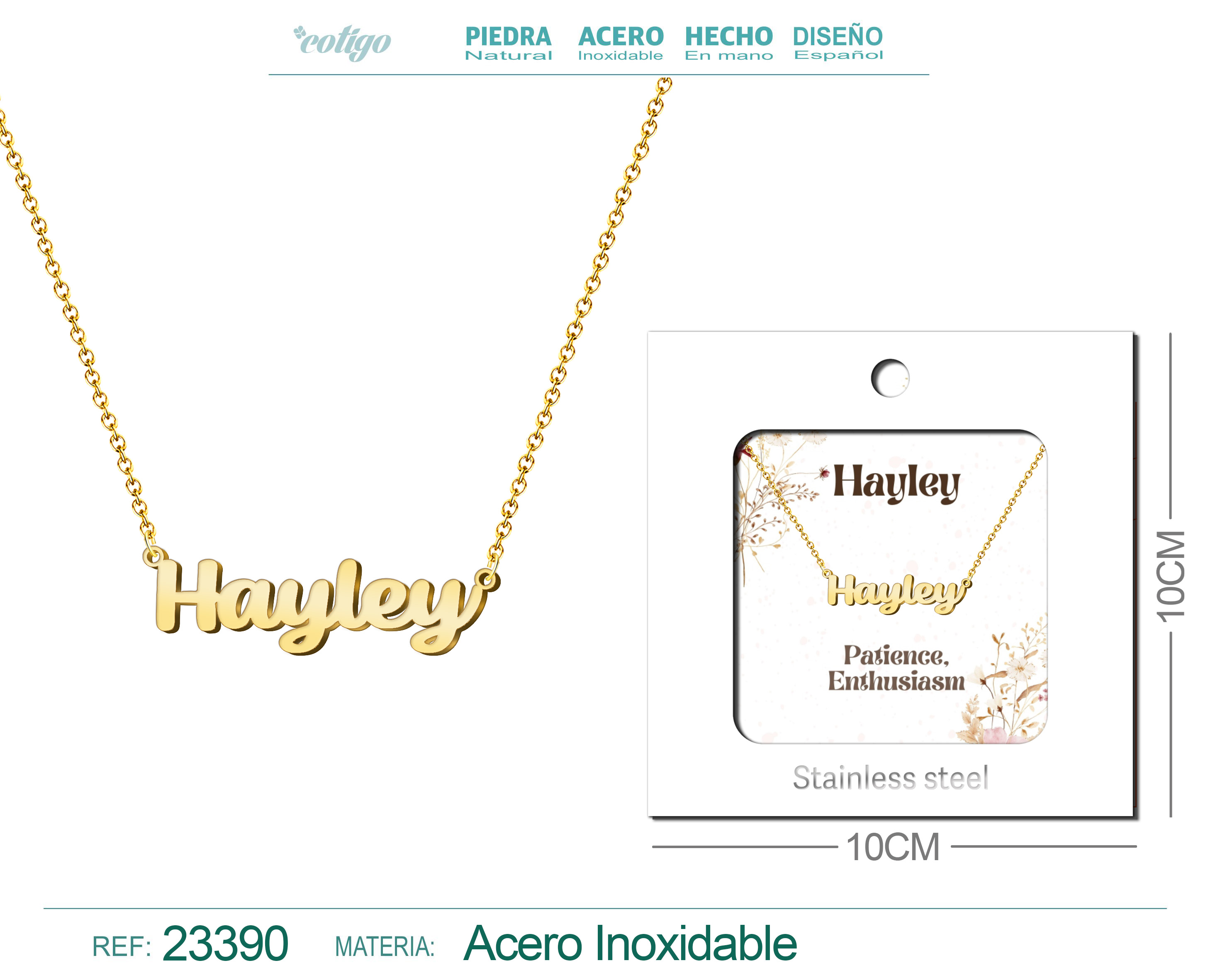 COLLAR NOMBRE INGLES HAYLEY ACERO CON SOBRE