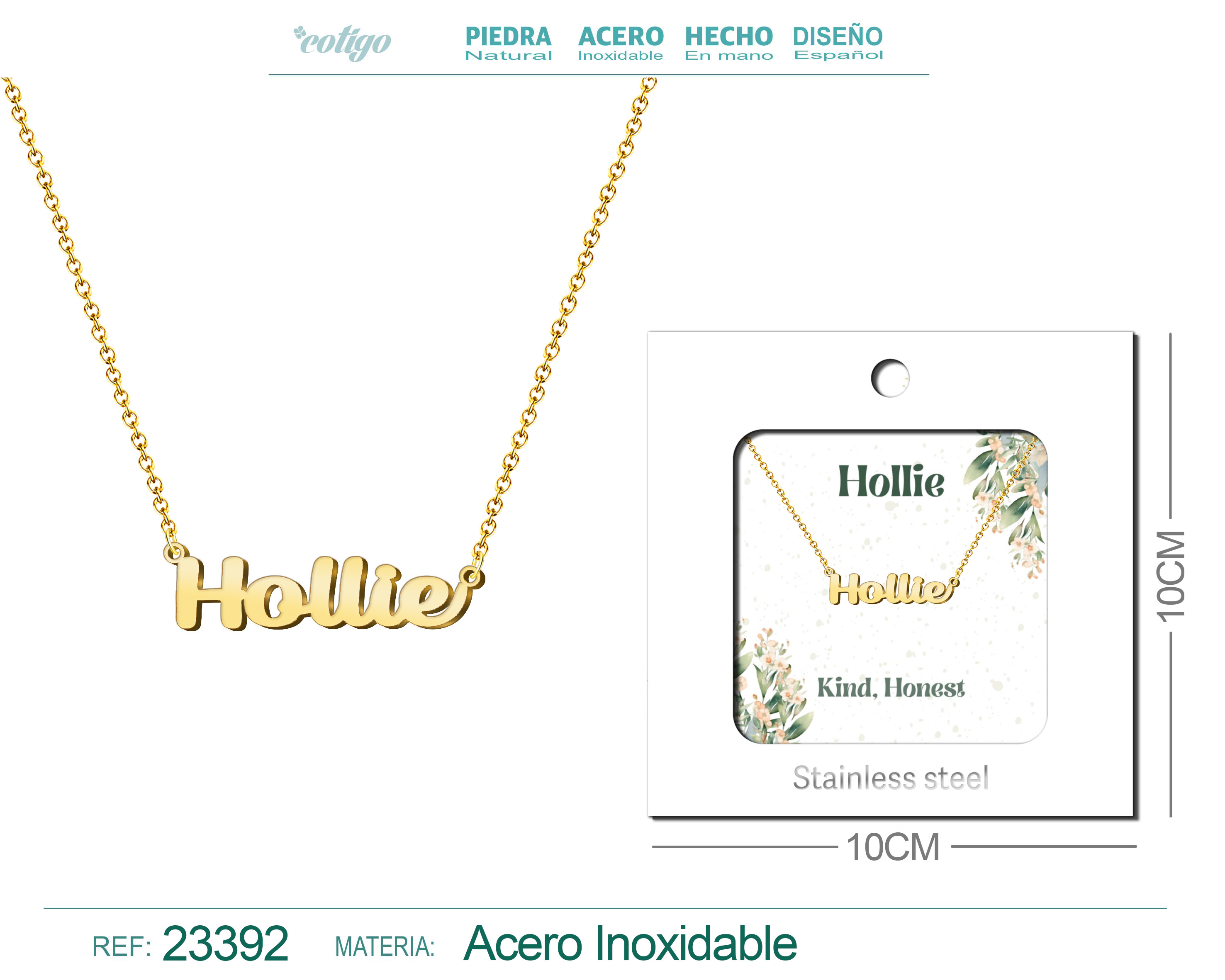 COLLAR NOMBRE INGLES HOLLIE ACERO CON SOBRE