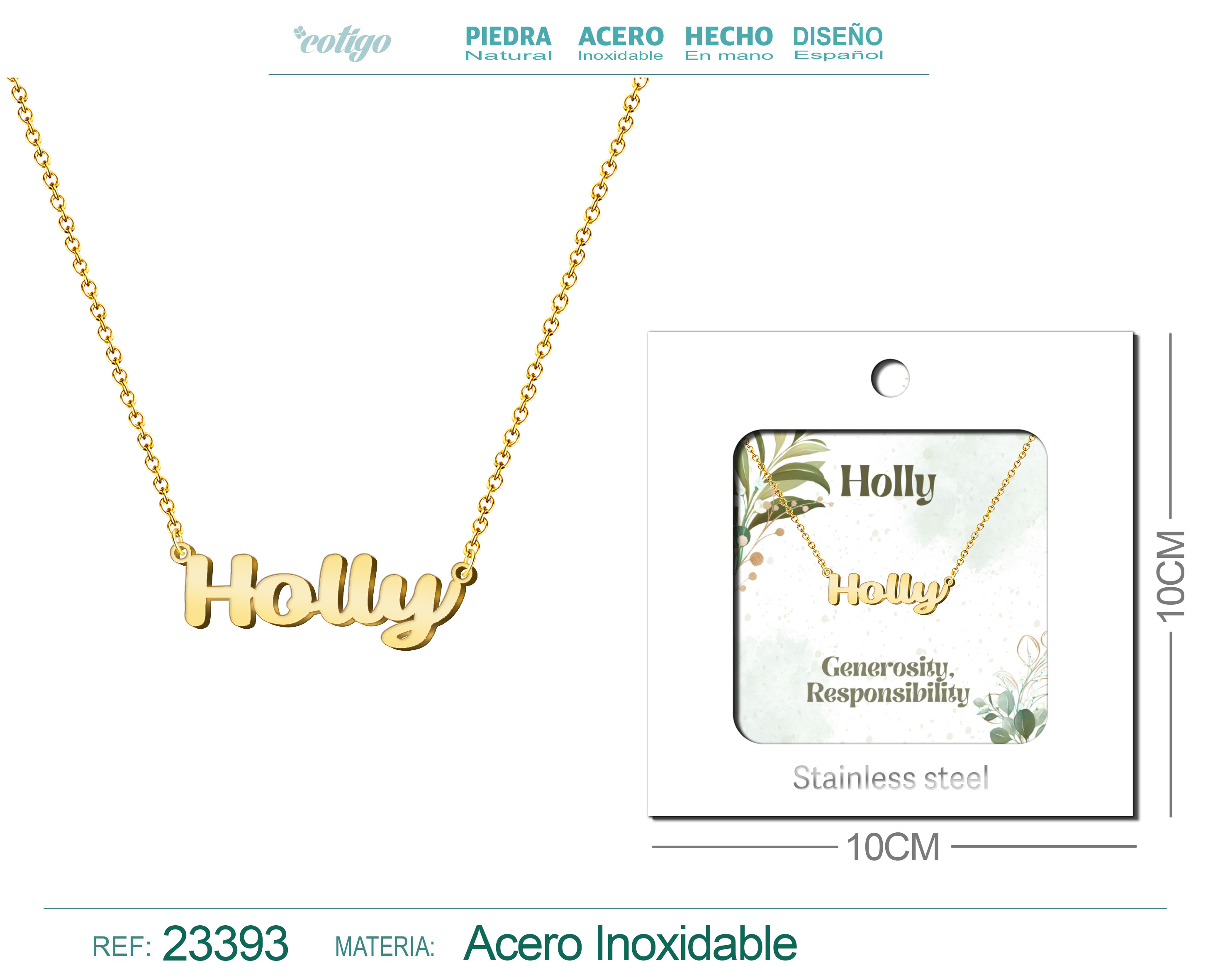 COLLAR NOMBRE INGLES HOLLY ACERO CON SOBRE