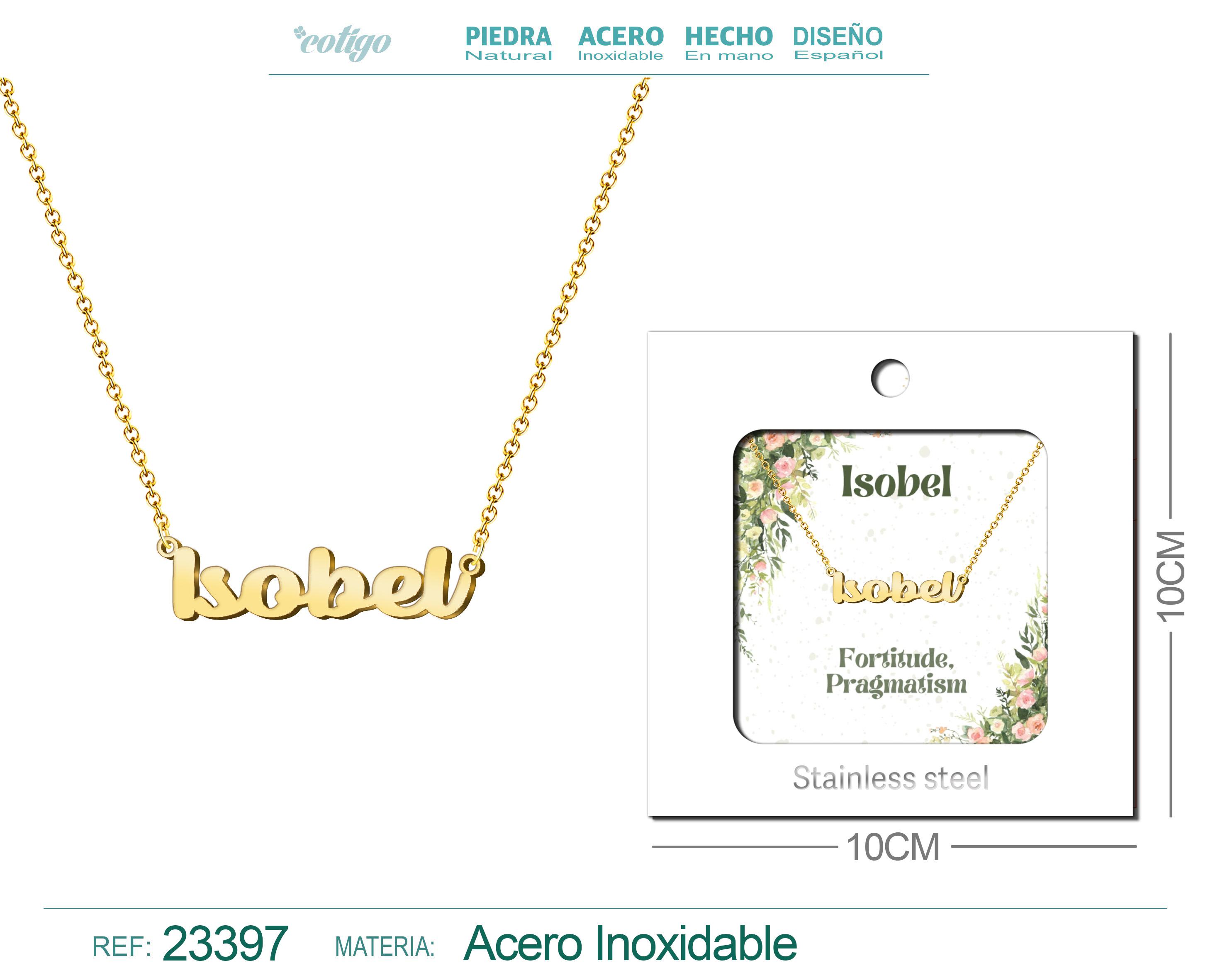 COLLAR NOMBRE INGLES ISOBEL ACERO CON SOBRE