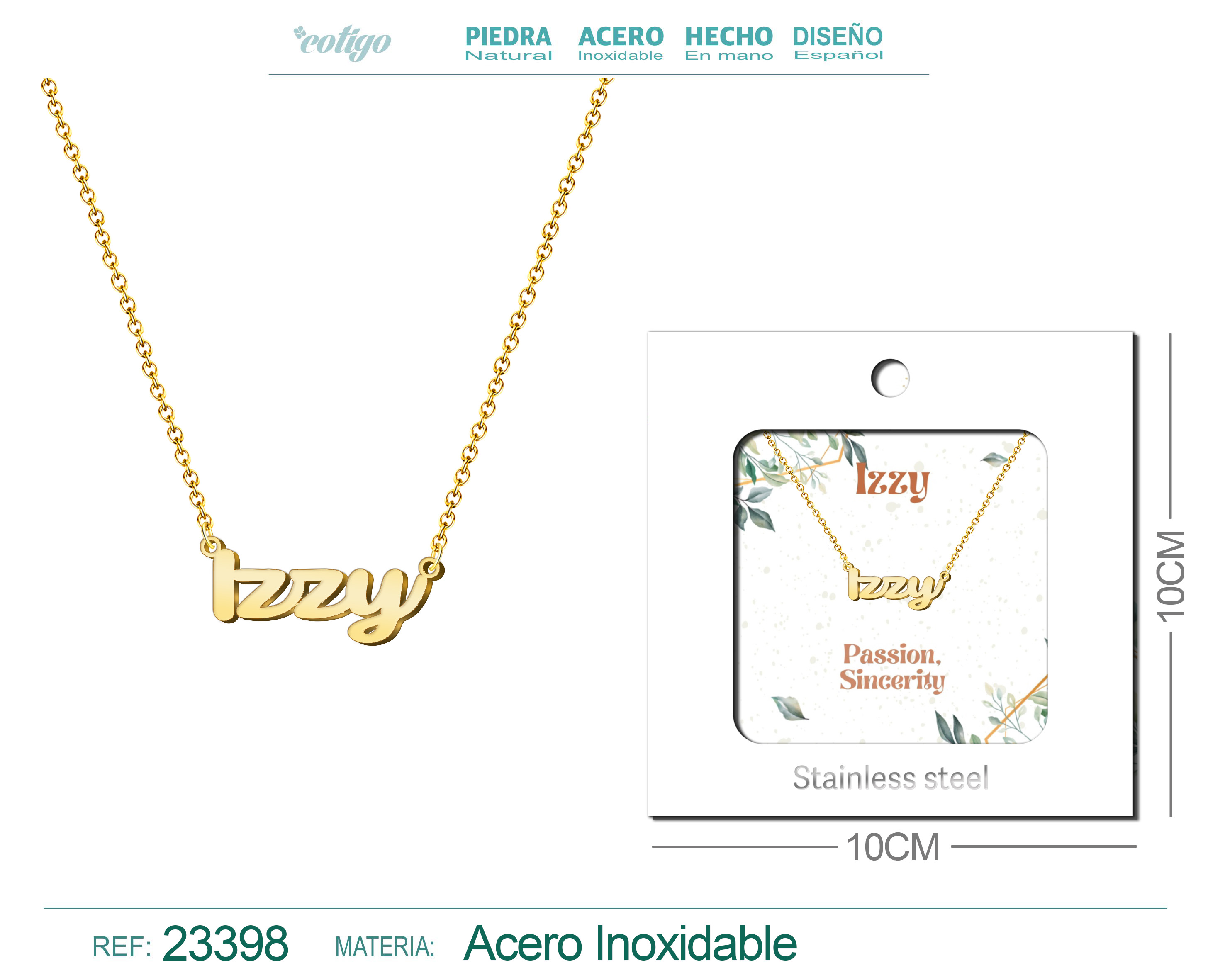 COLLAR NOMBRE INGLES IZZY ACERO CON SOBRE
