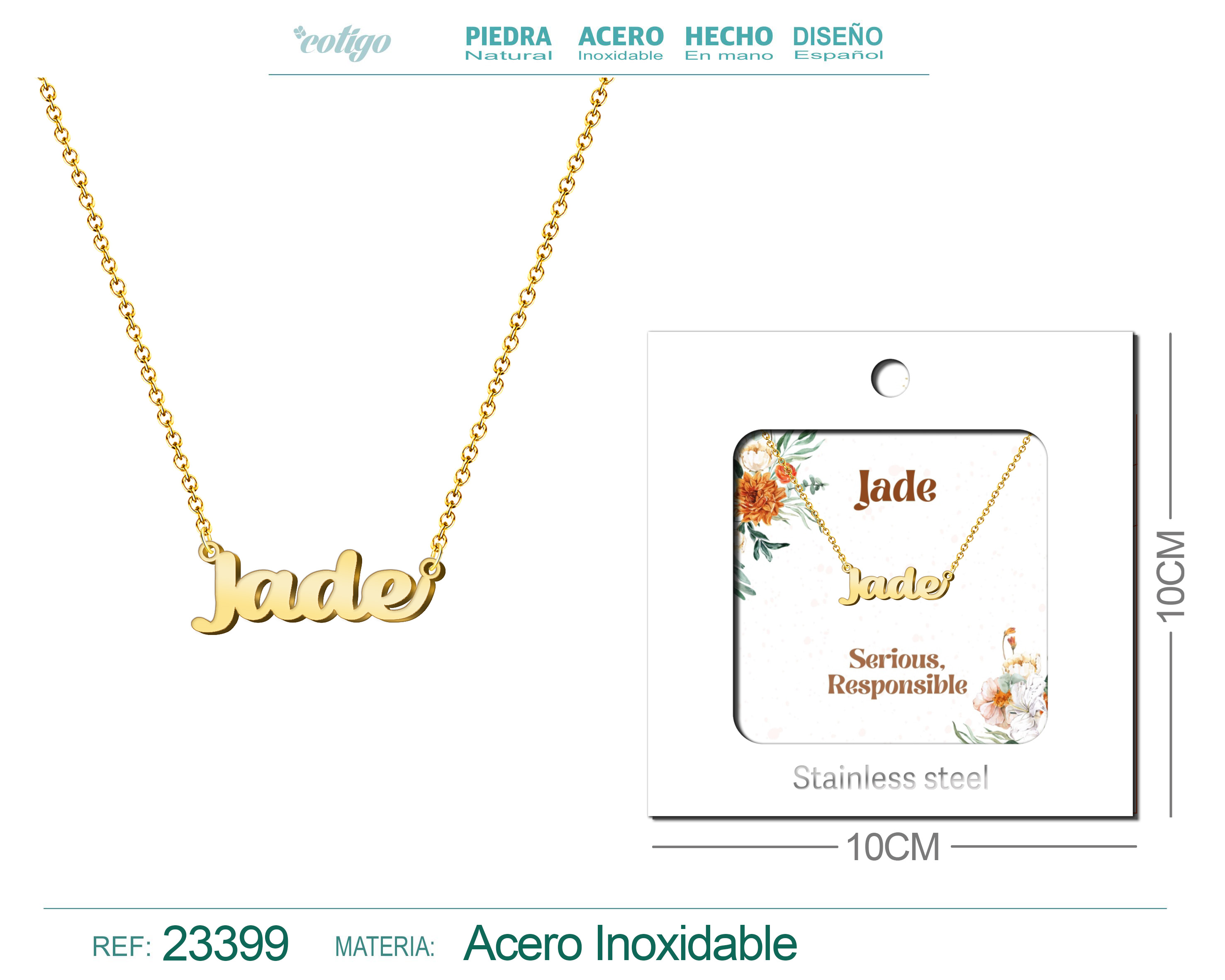 COLLAR NOMBRE INGLES JADE ACERO CON SOBRE