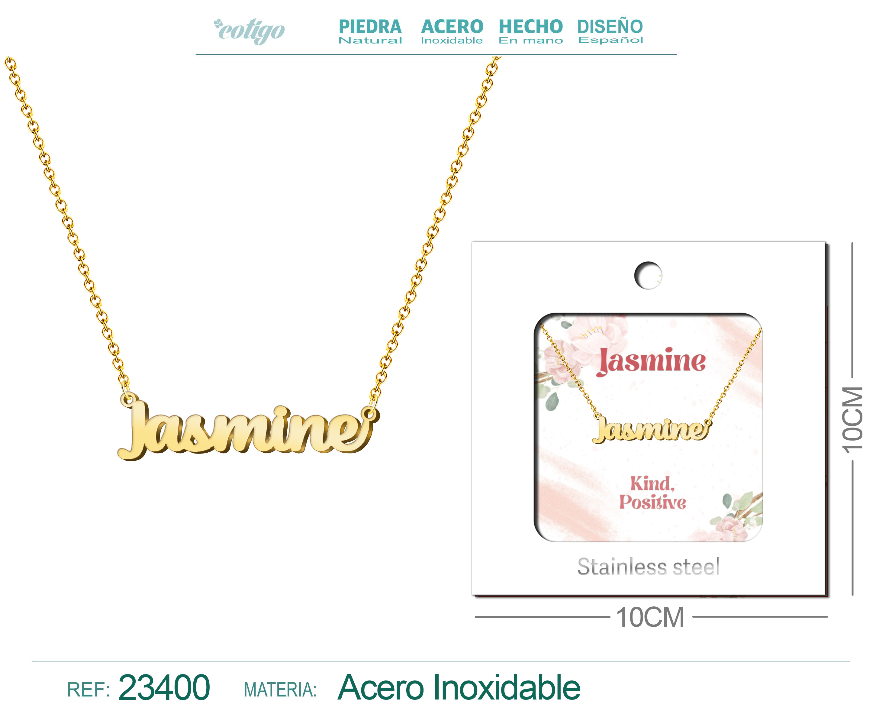 COLLAR NOMBRE INGLES JASMINE ACERO CON SOBRE