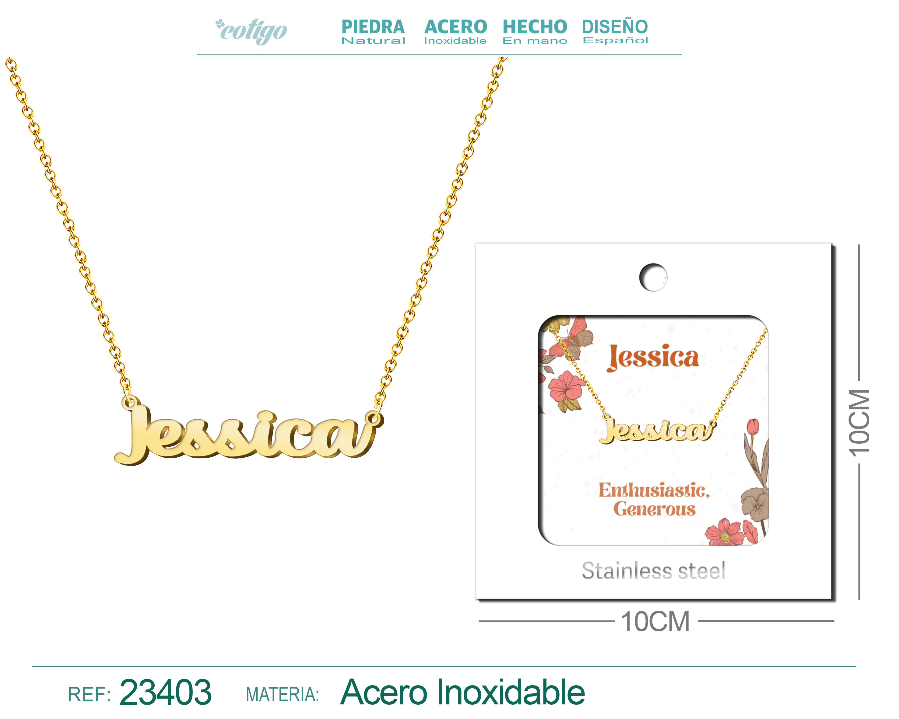 COLLAR NOMBRE INGLES JESSICA ACERO CON SOBRE