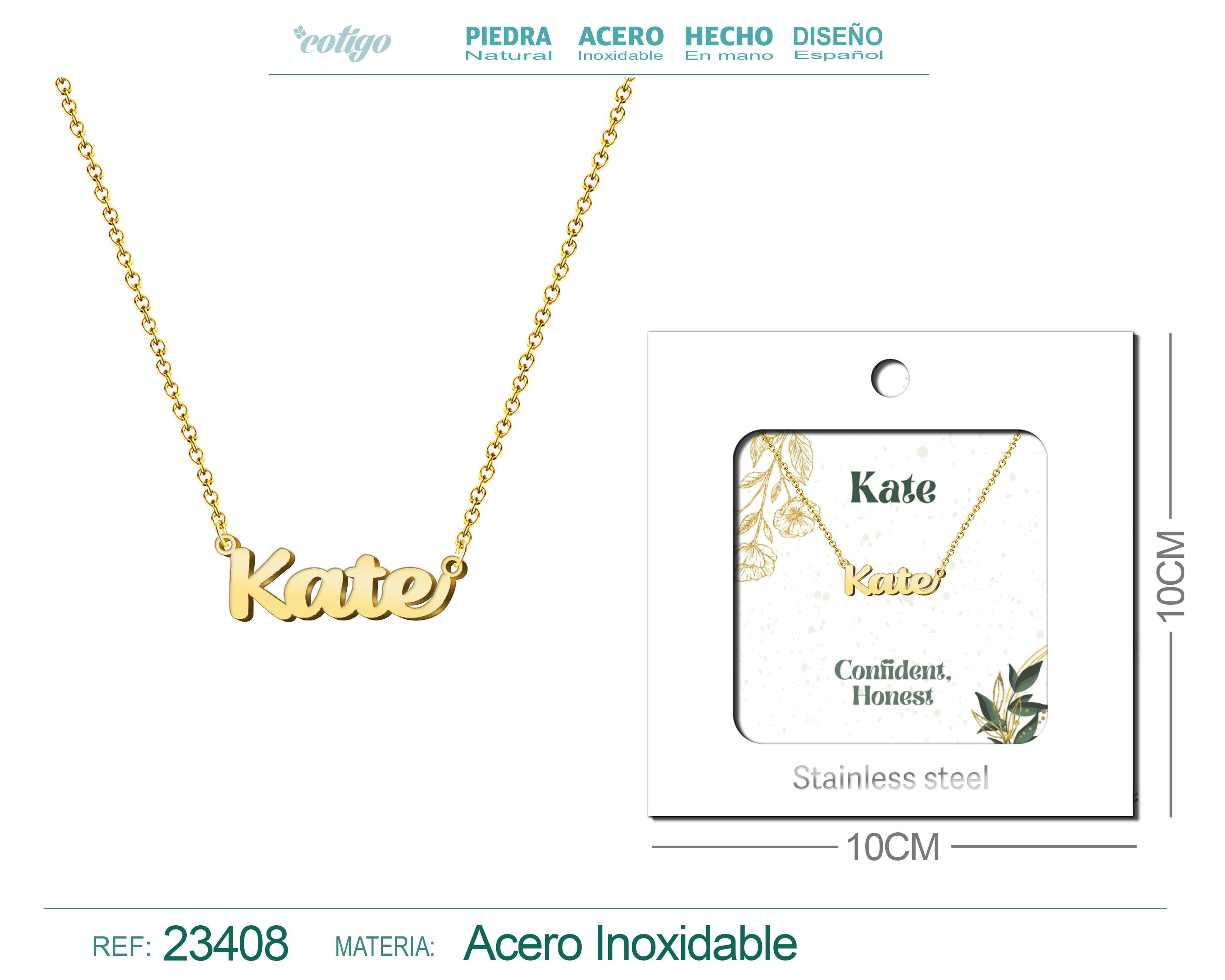 COLLAR NOMBRE INGLES KATE ACERO CON SOBRE