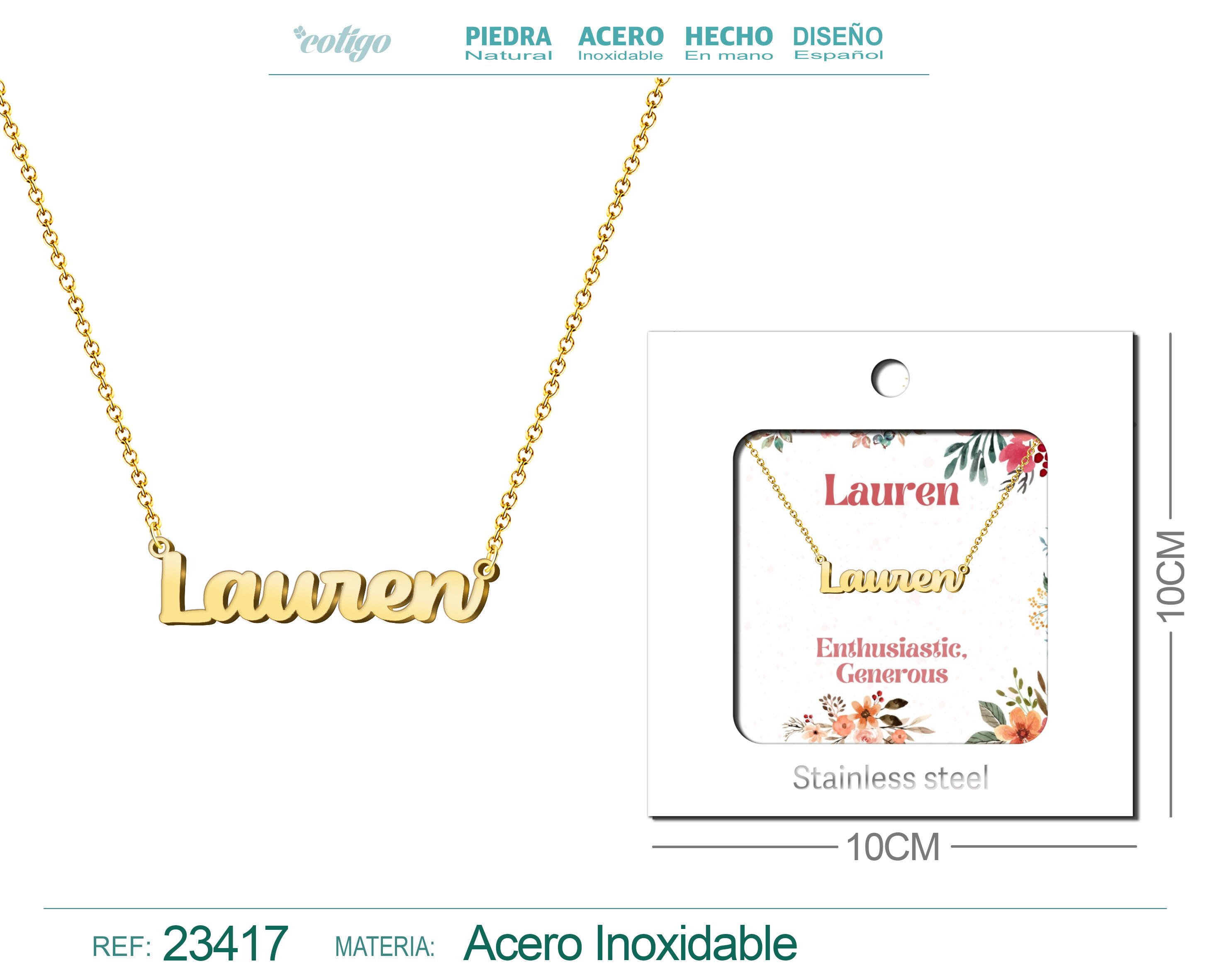 COLLAR NOMBRE INGLES LAUREN ACERO CON SOBRE