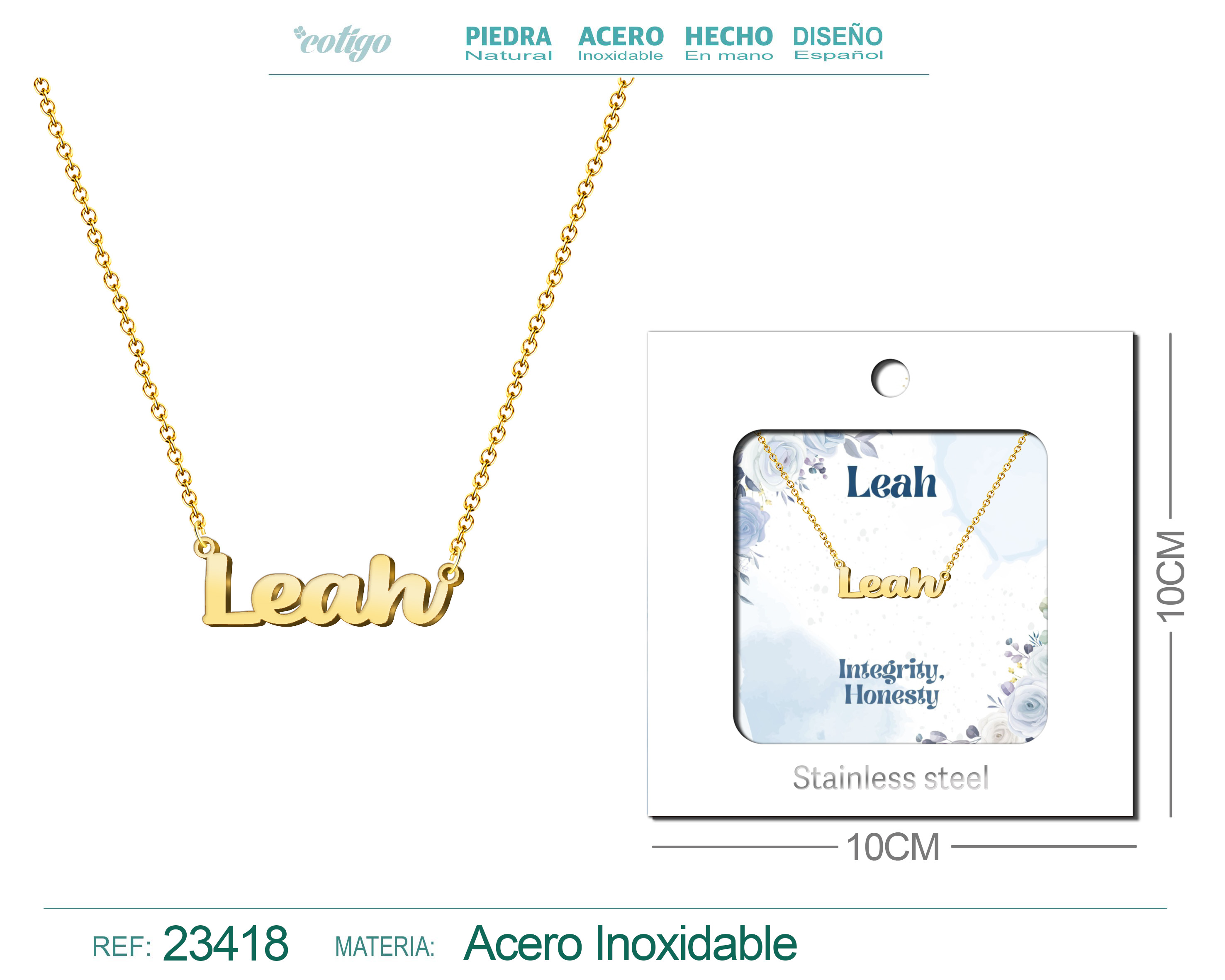 COLLAR NOMBRE INGLES LEAH ACERO CON SOBRE