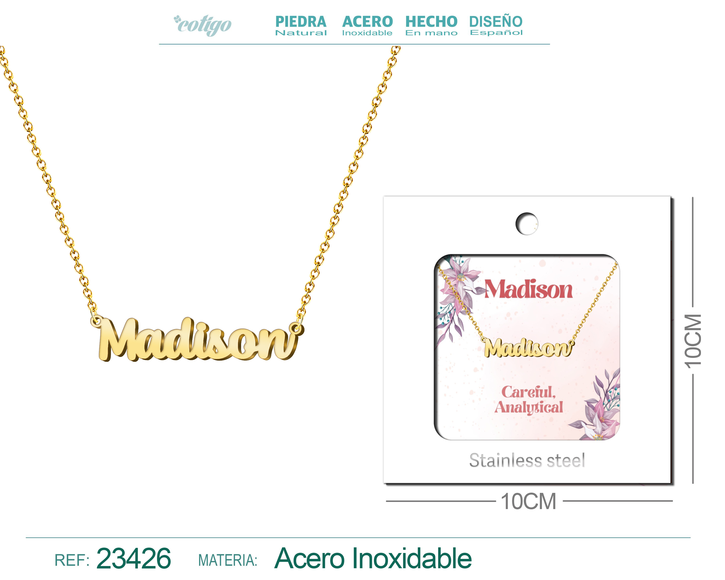 COLLAR NOMBRE INGLES MADISON ACERO CON SOBRE