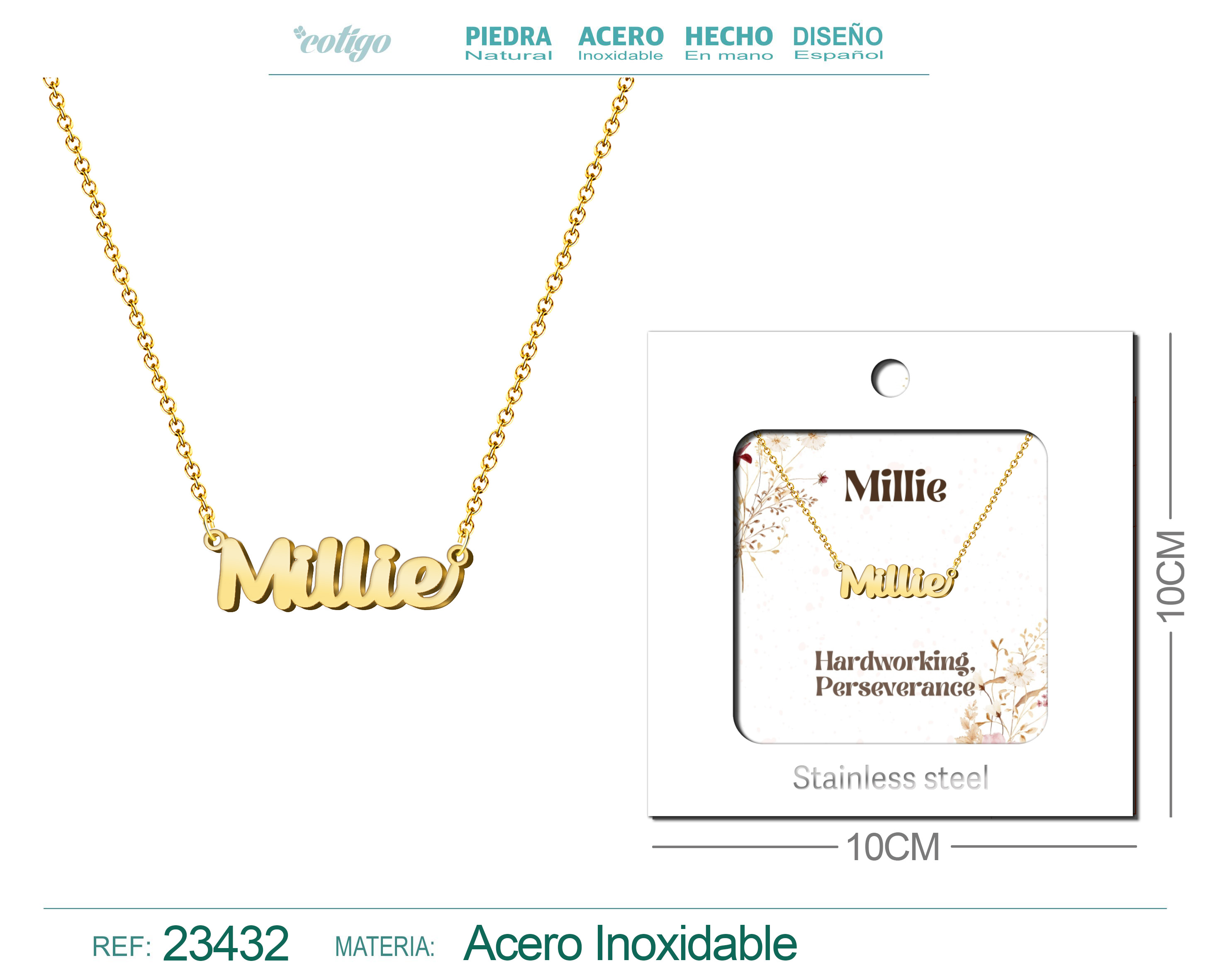 COLLAR NOMBRE INGLES MILLIE ACERO CON SOBRE