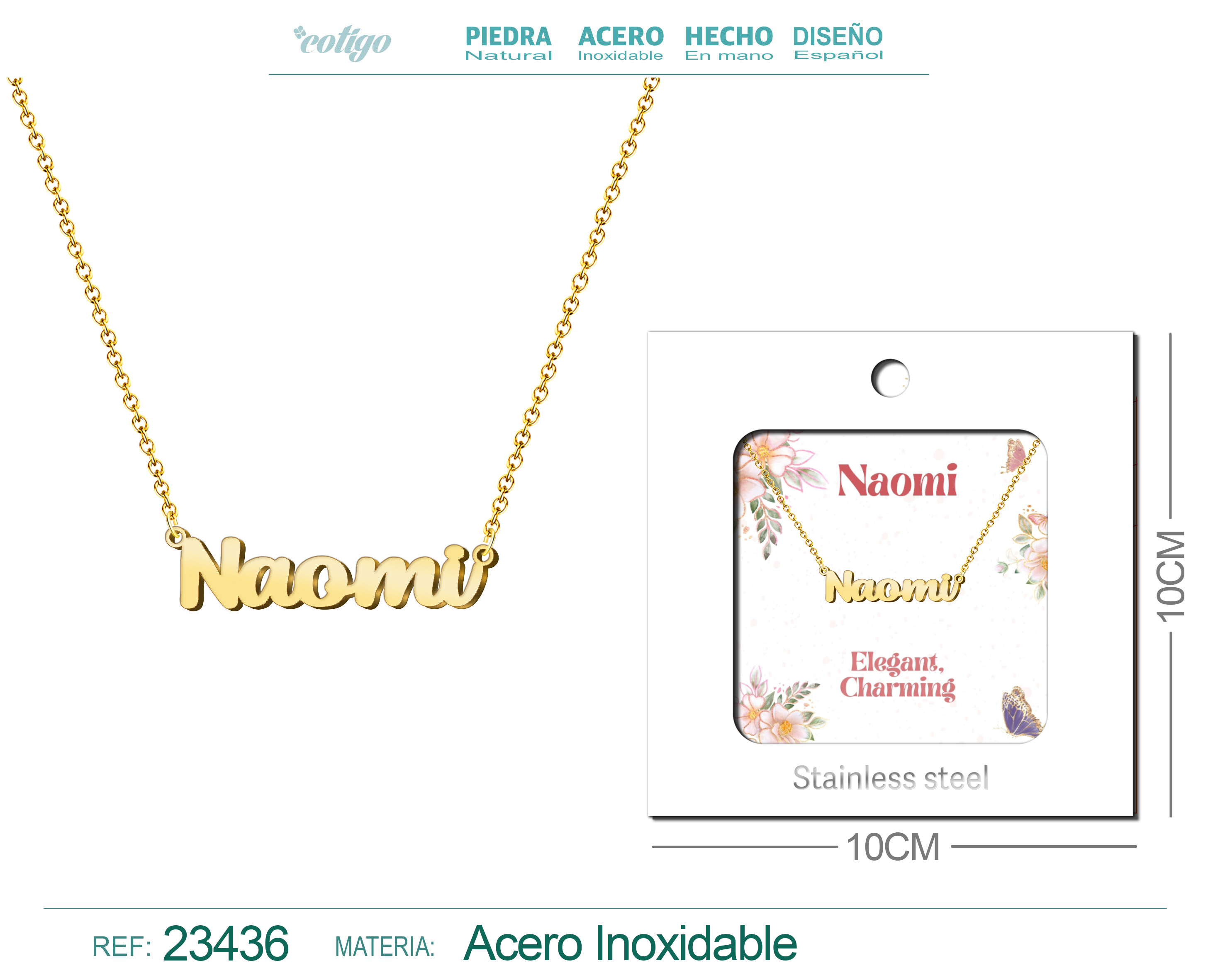 COLLAR NOMBRE INGLES NAOMI ACERO CON SOBRE