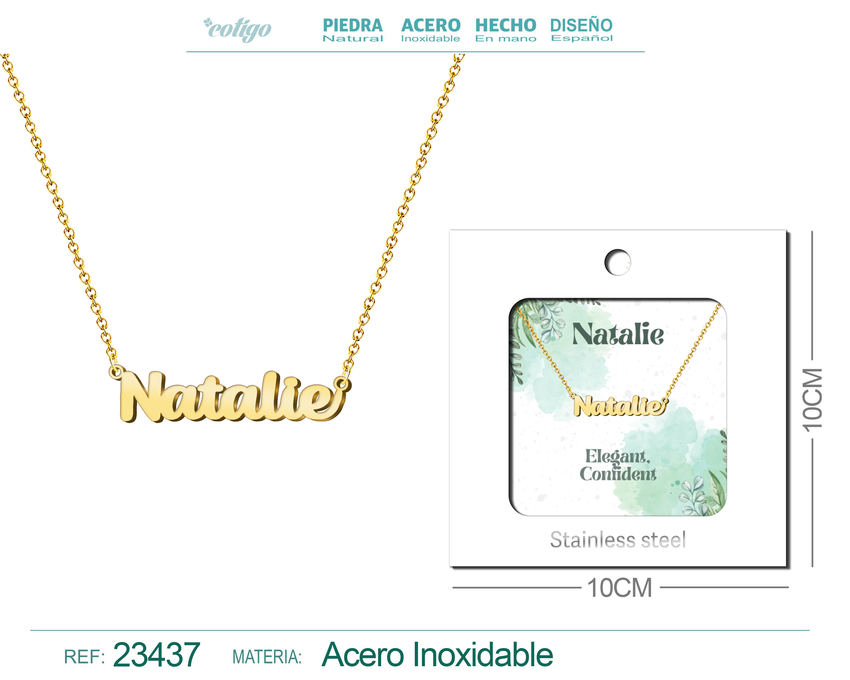 COLLAR NOMBRE INGLES NATALIE ACERO CON SOBRE