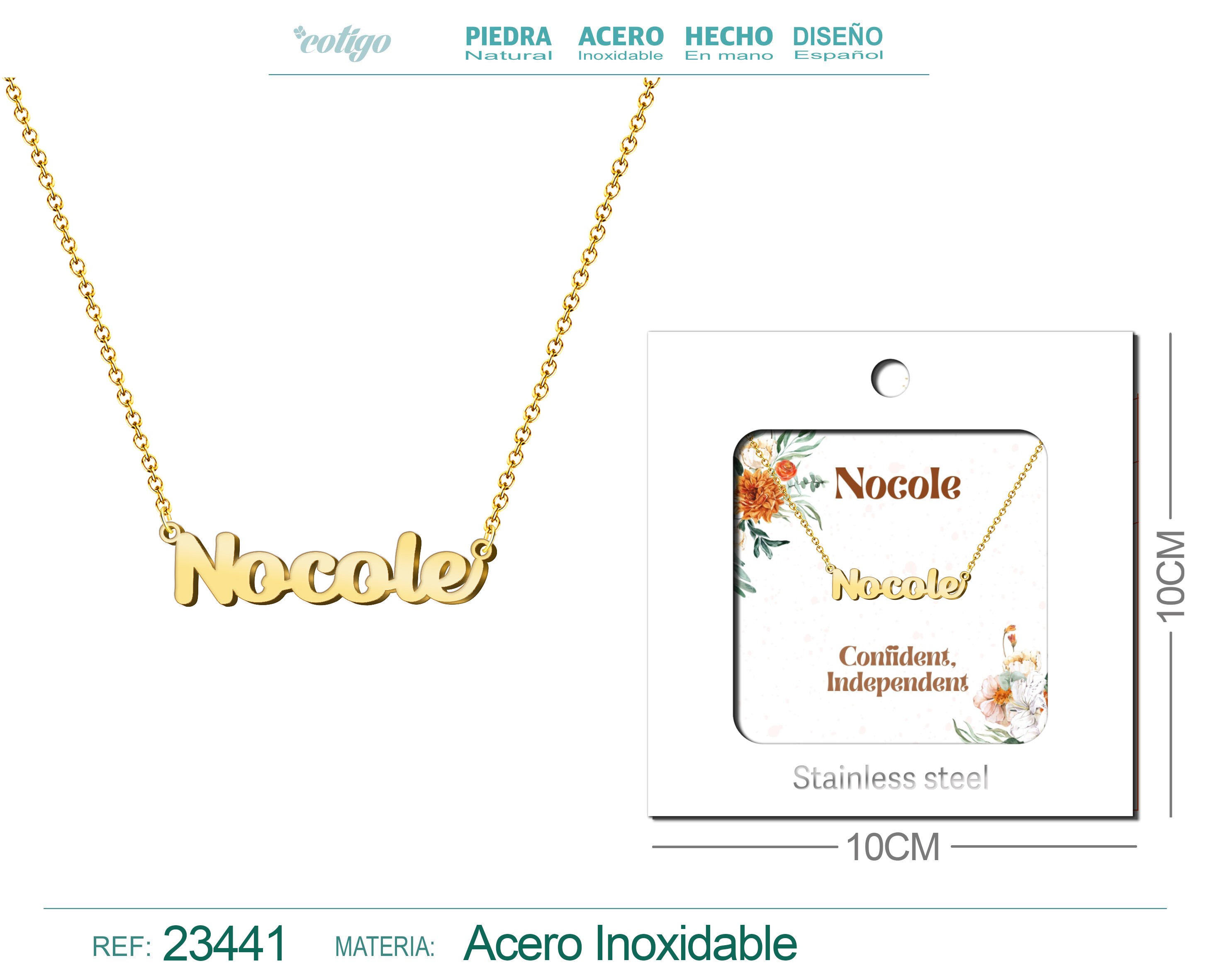 COLLAR NOMBRE INGLES NOCOLE ACERO CON SOBRE