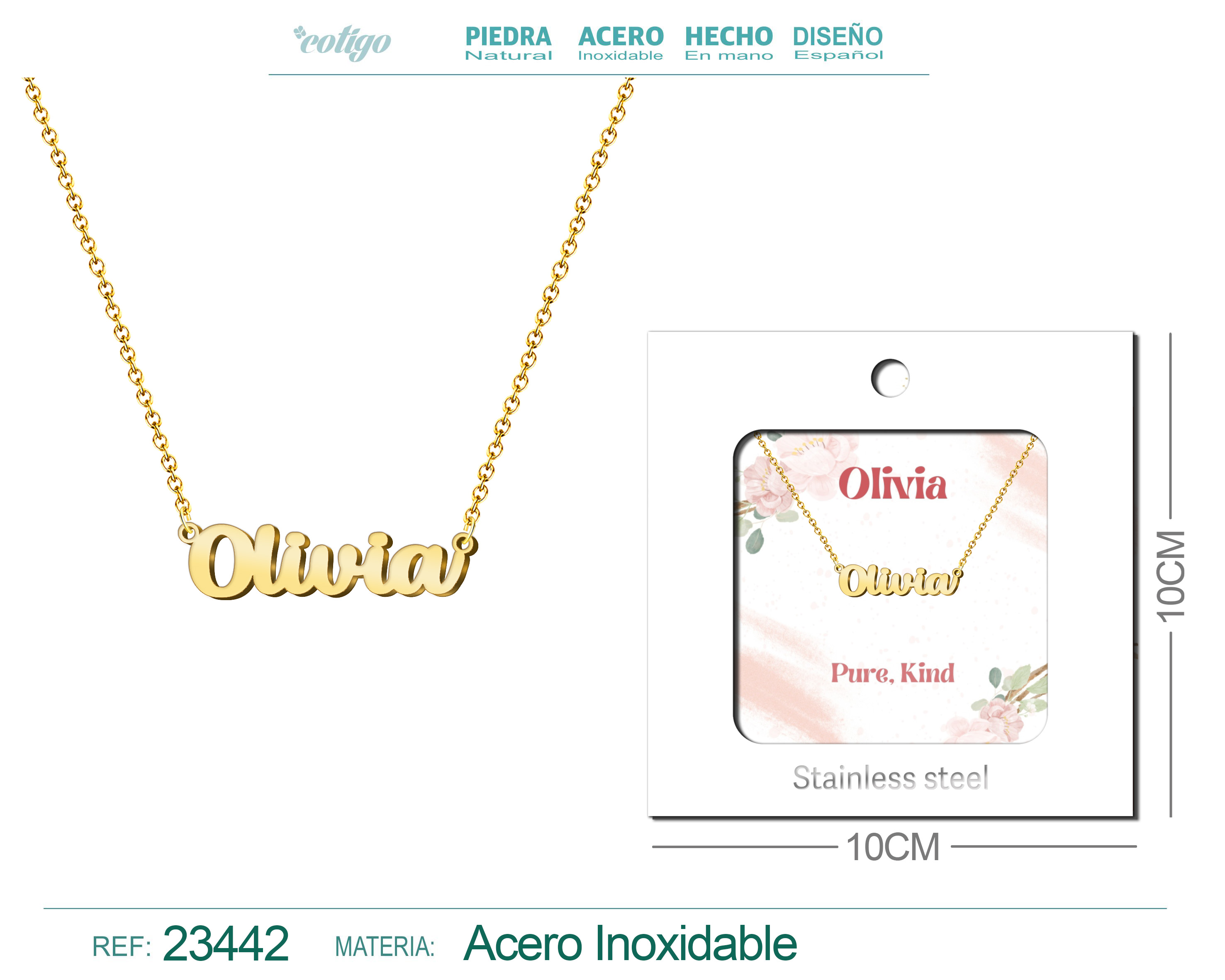 COLLAR NOMBRE INGLES OLIVIA ACERO CON SOBRE