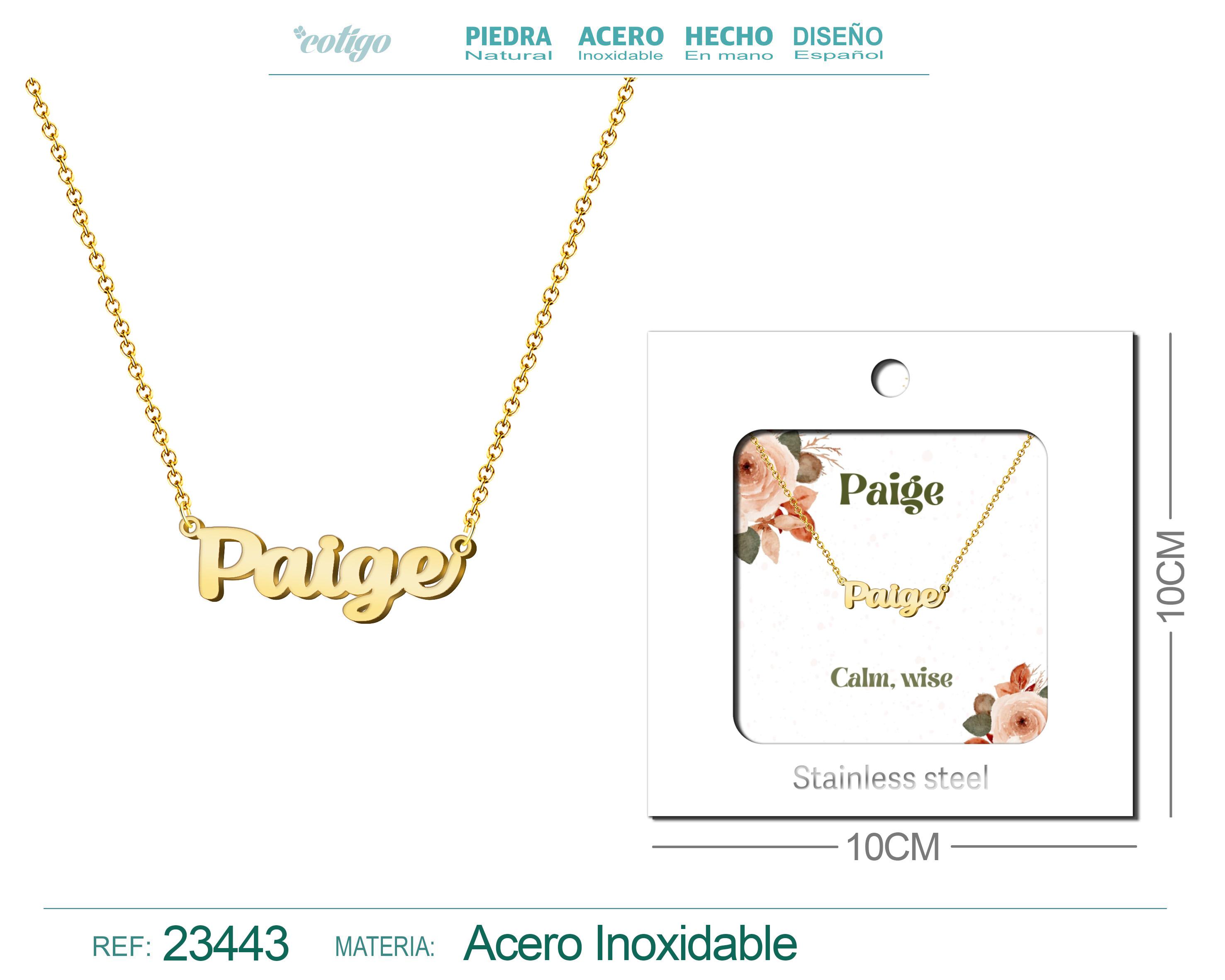 COLLAR NOMBRE INGLES PAIGE ACERO CON SOBRE