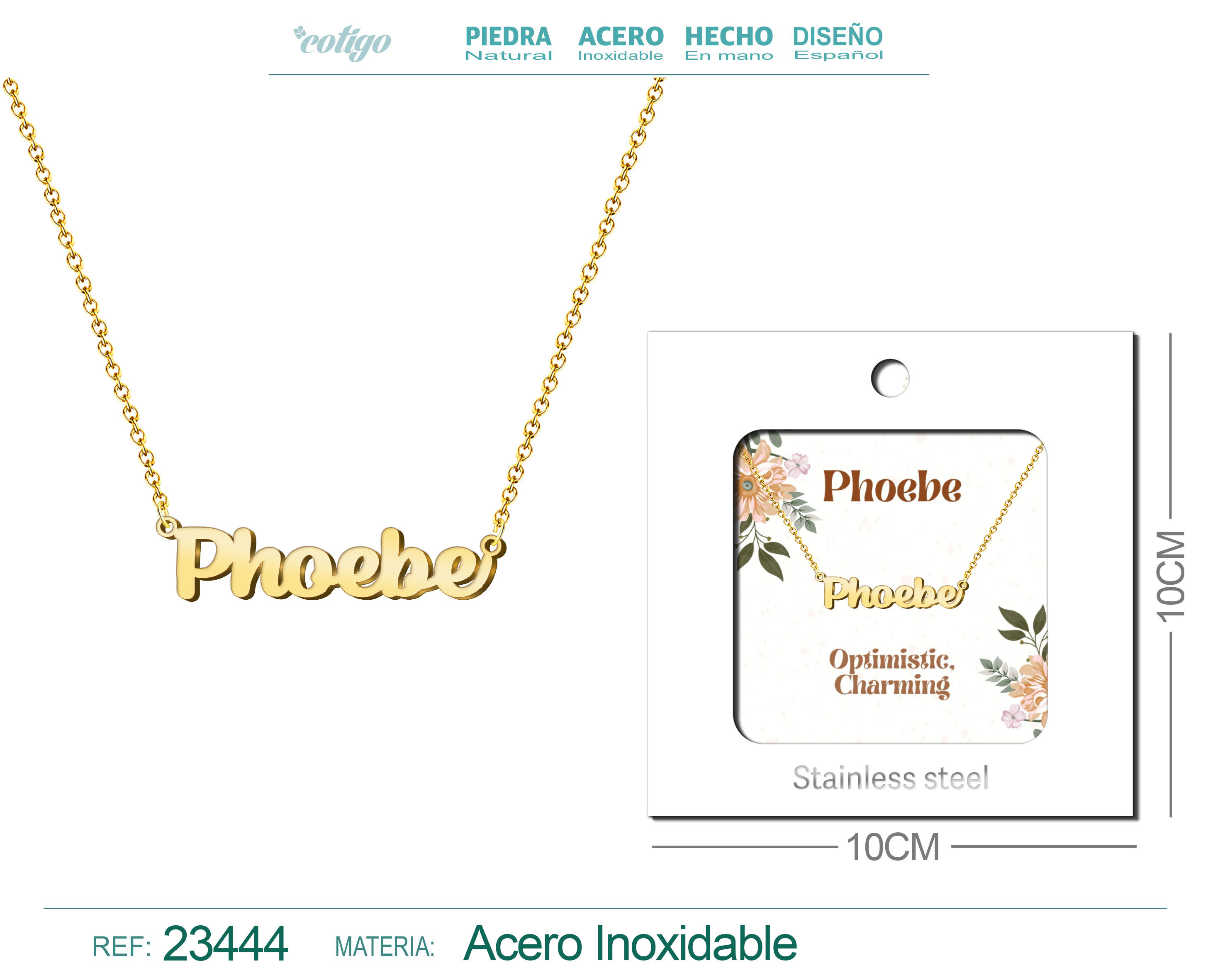 COLLAR NOMBRE INGLES PHOEBE ACERO CON SOBRE