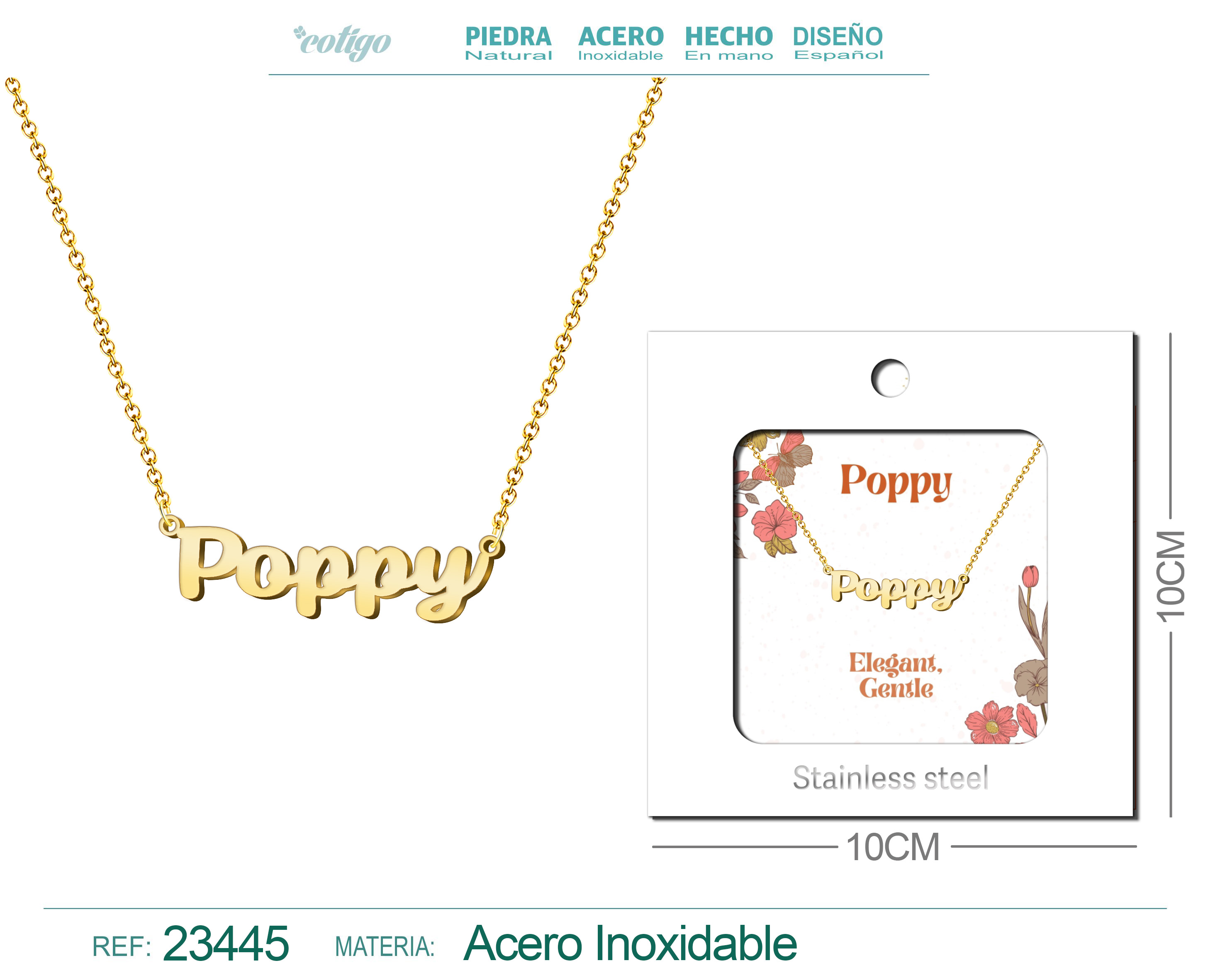 COLLAR NOMBRE INGLES POPPY ACERO CON SOBRE