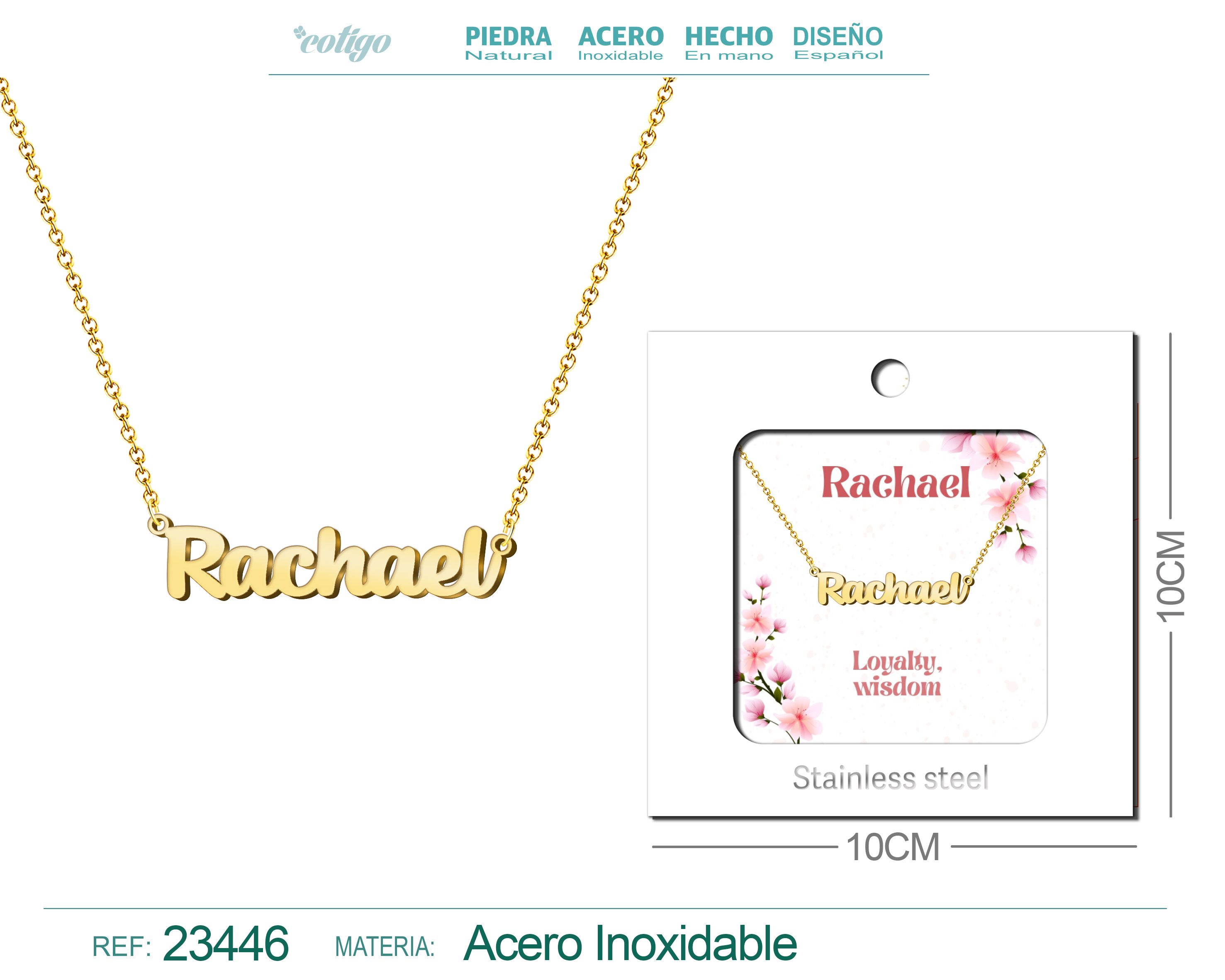 COLLAR NOMBRE INGLES RACHAEL ACERO CON SOBRE