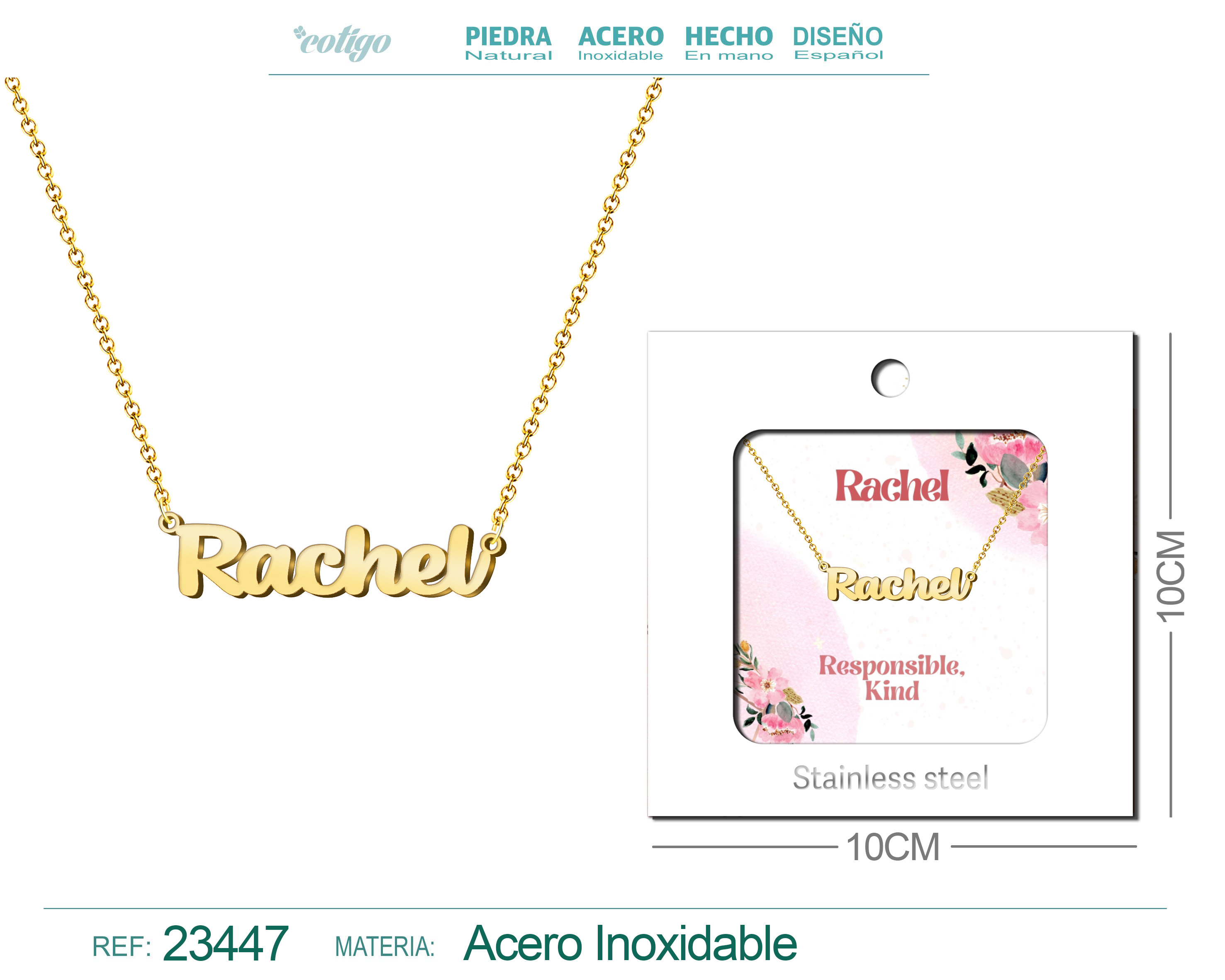 COLLAR NOMBRE INGLES RACHEL ACERO CON SOBRE