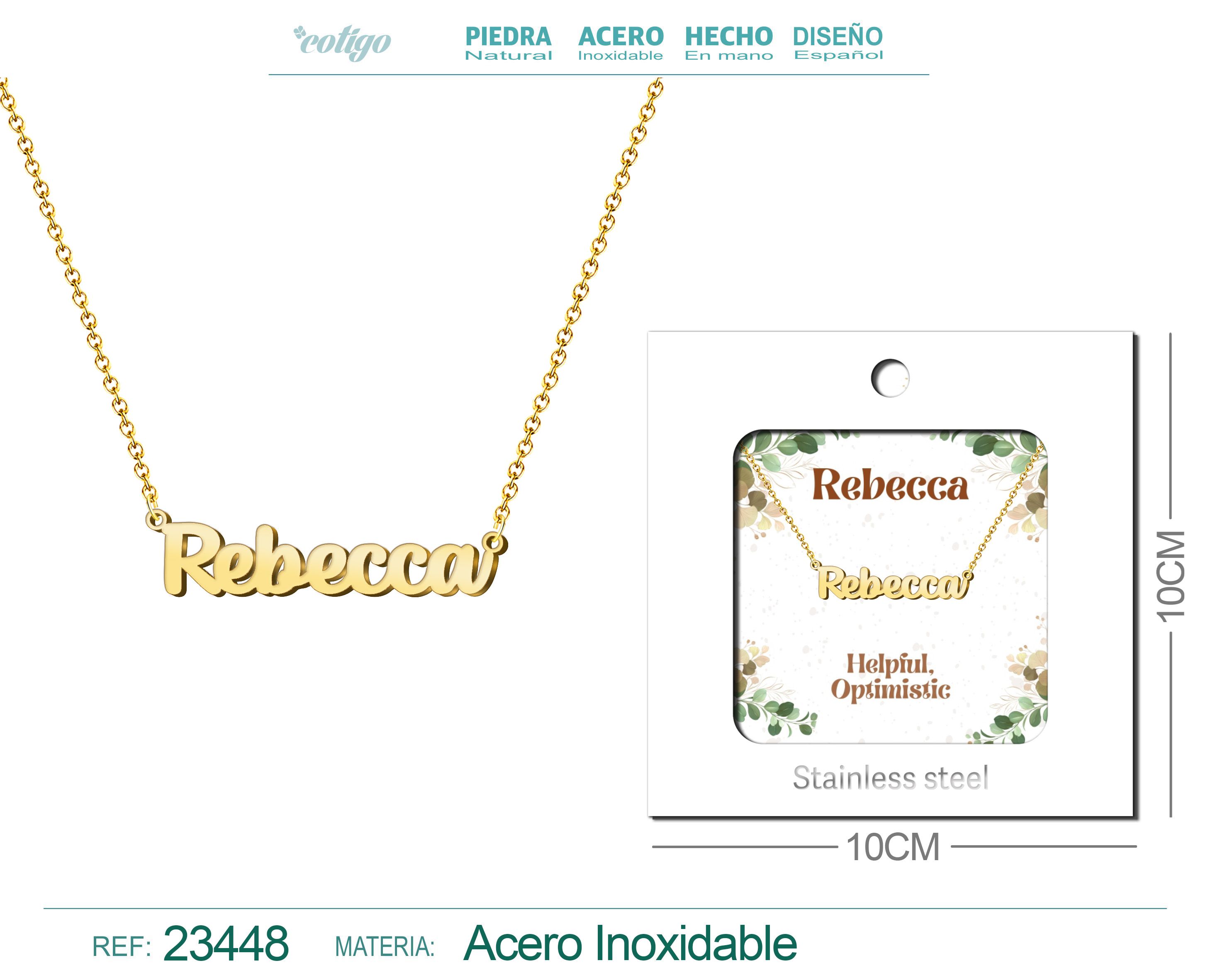 COLLAR NOMBRE INGLES REBECCA ACERO CON SOBRE