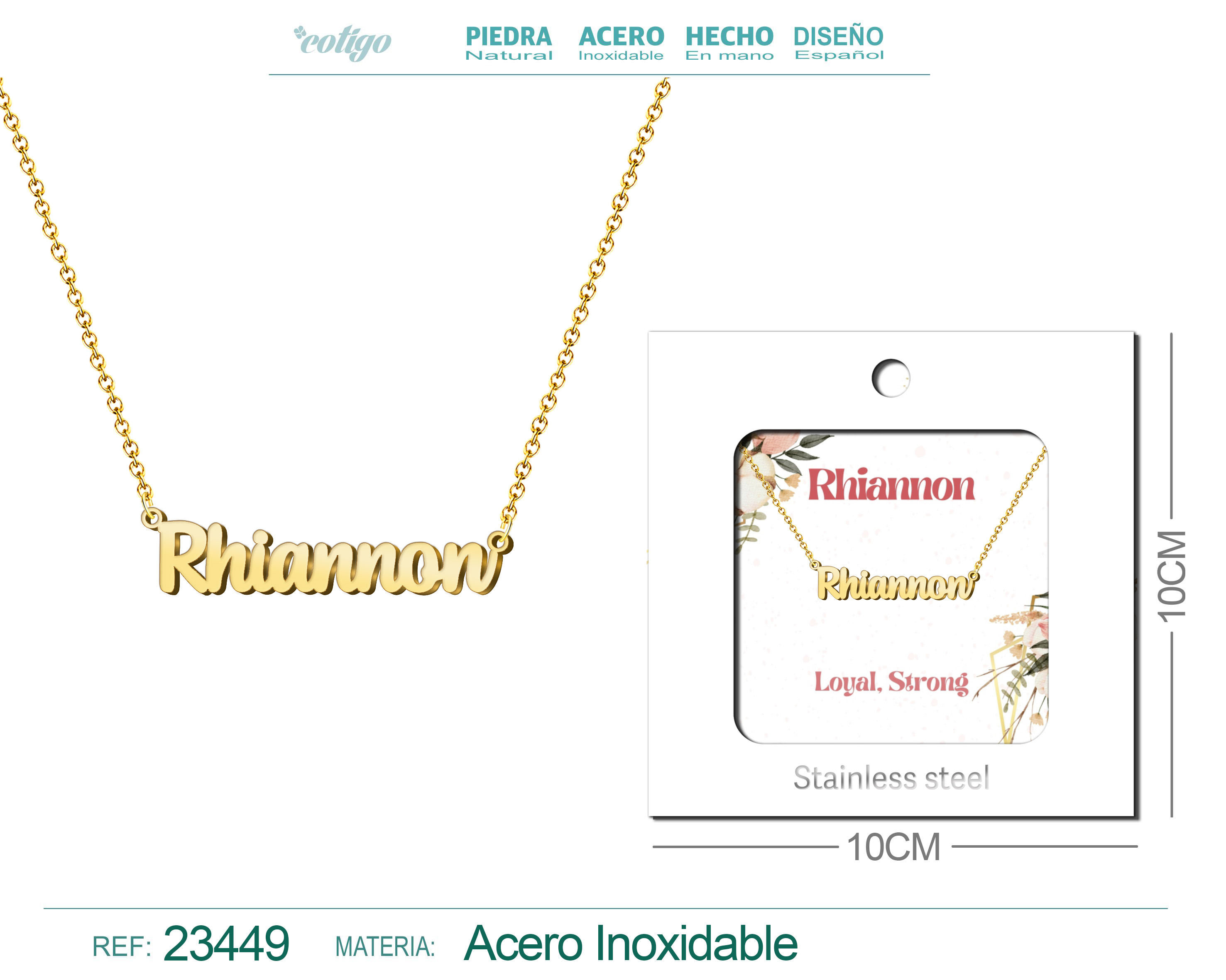 COLLAR NOMBRE INGLES RHIANNON ACERO CON SOBRE