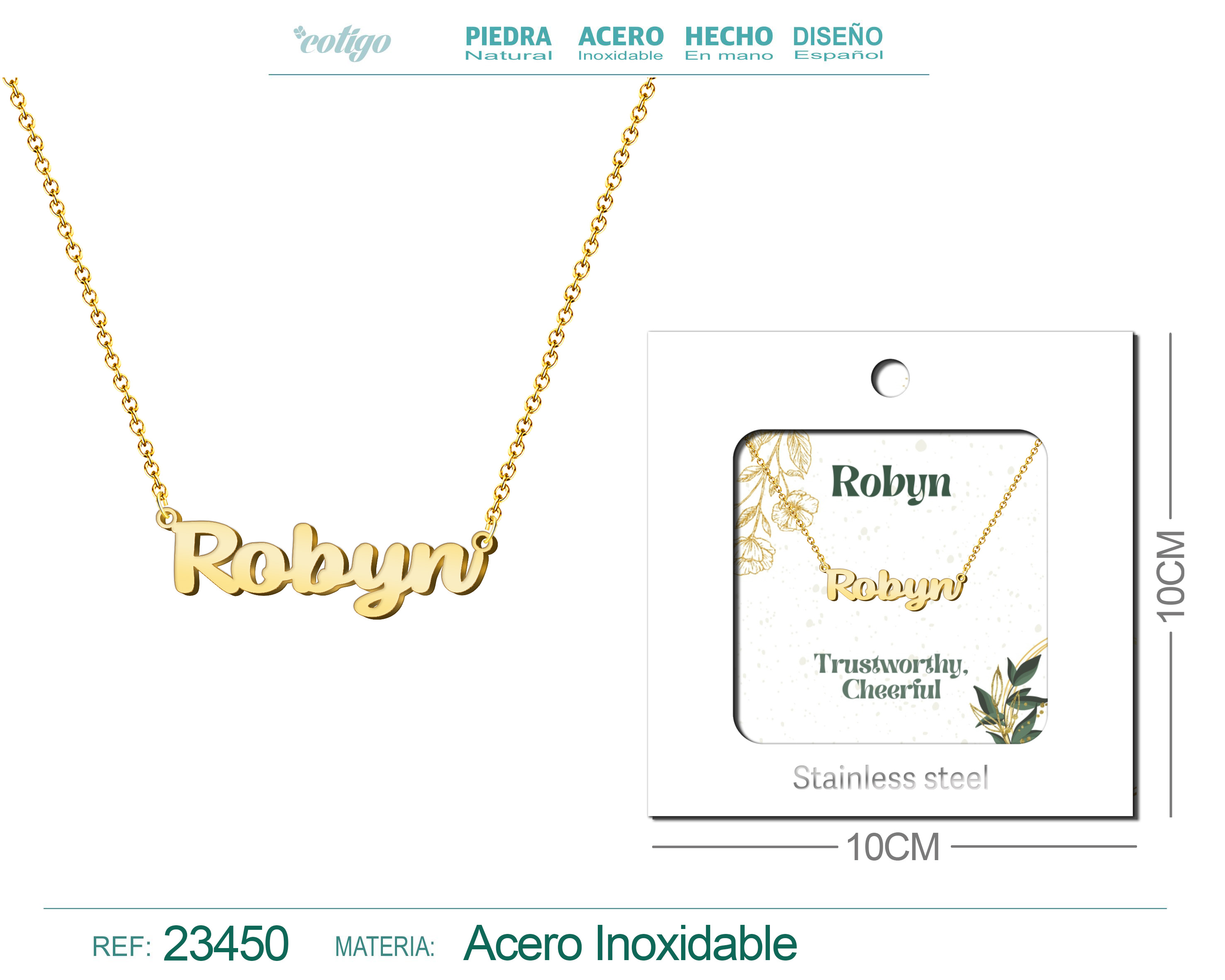 COLLAR NOMBRE INGLES ROBYN ACERO CON SOBRE